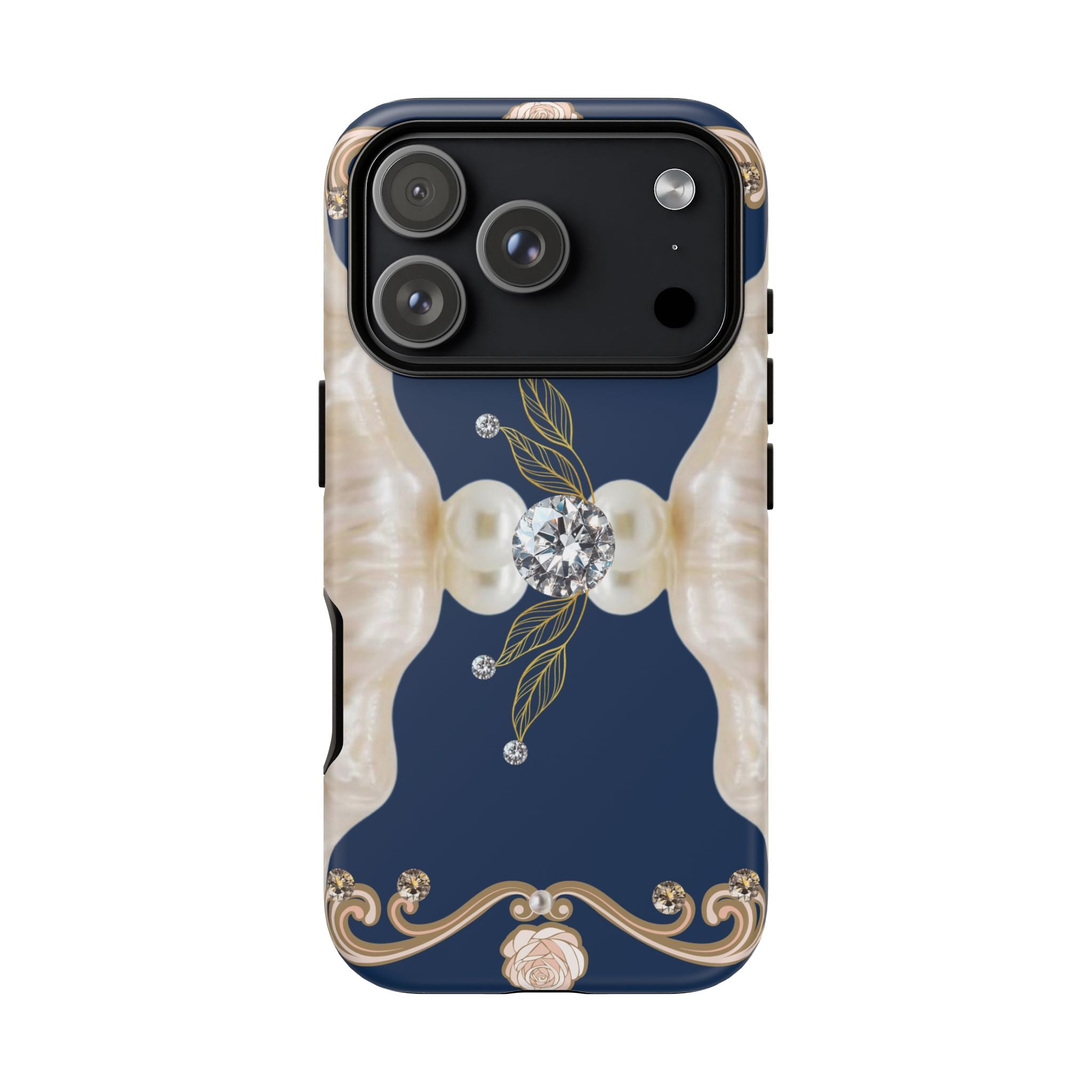 Navy Pearl & Diamond Phone Case — Elegant Floral Baroque Tough Case