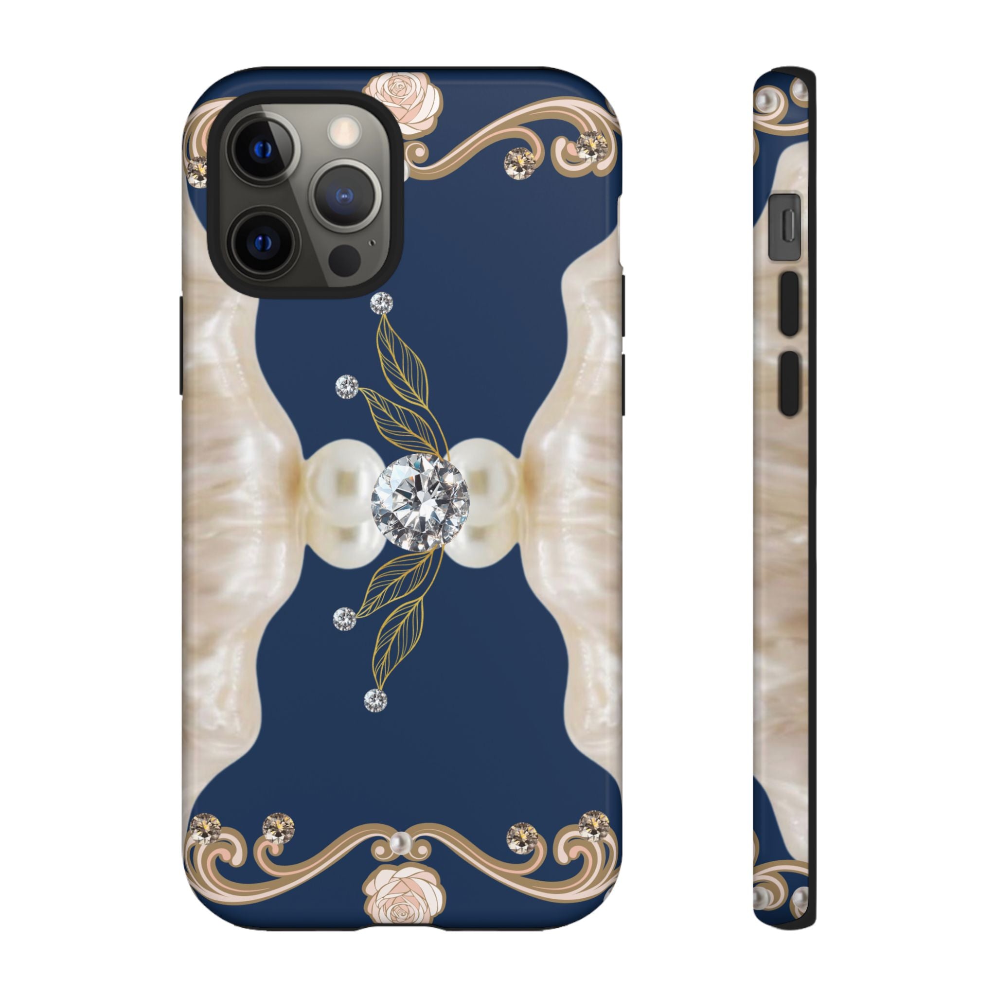 Navy Pearl & Diamond Phone Case — Elegant Floral Baroque Tough Case