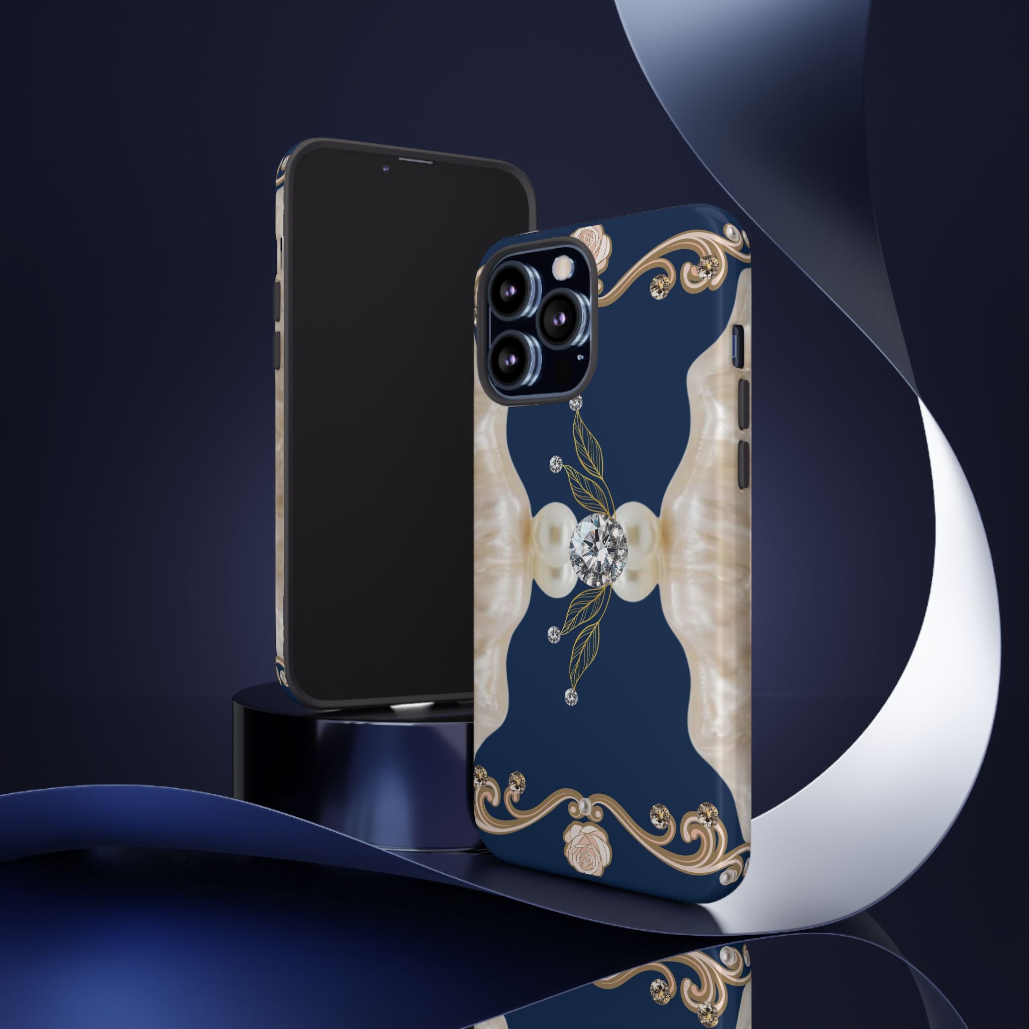 Navy Pearl & Diamond Phone Case — Elegant Floral Baroque Tough Case