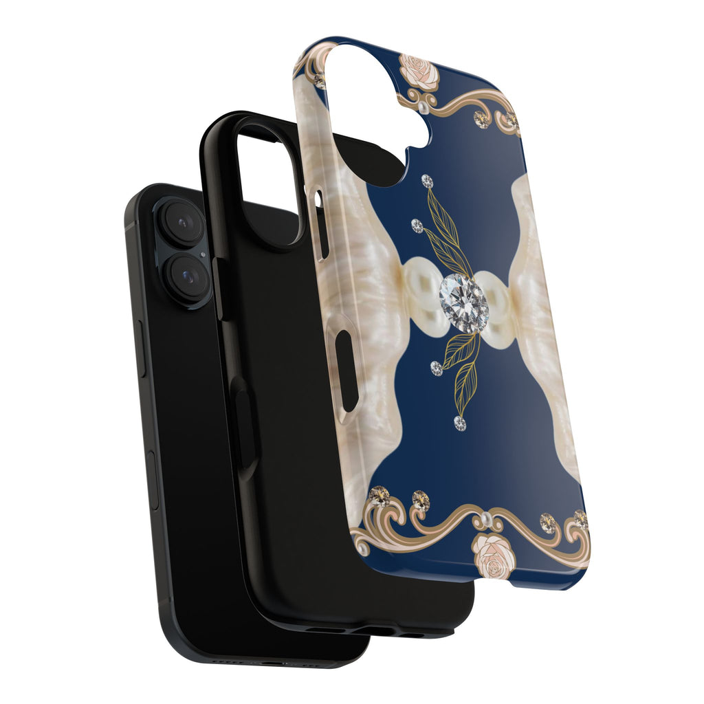 Navy Pearl & Diamond Phone Case — Elegant Floral Baroque Tough Case