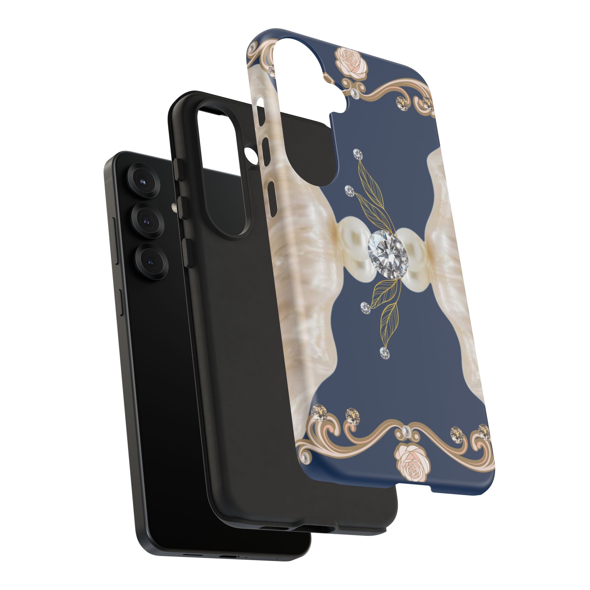 Navy Pearl & Diamond Phone Case — Elegant Floral Baroque Tough Case