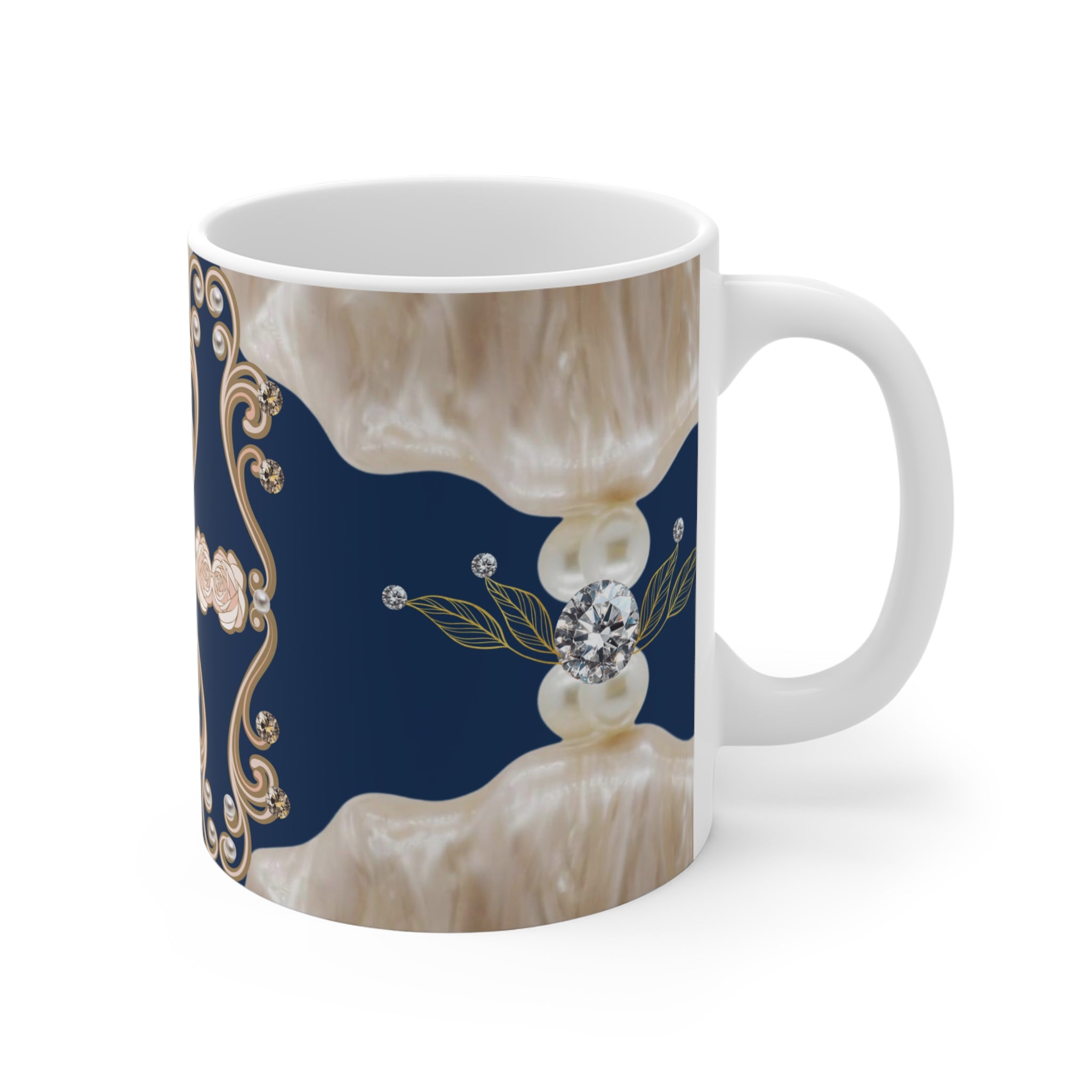 Elegant Pearl & Diamond Pattern Mug — Navy Vintage Floral 11 oz