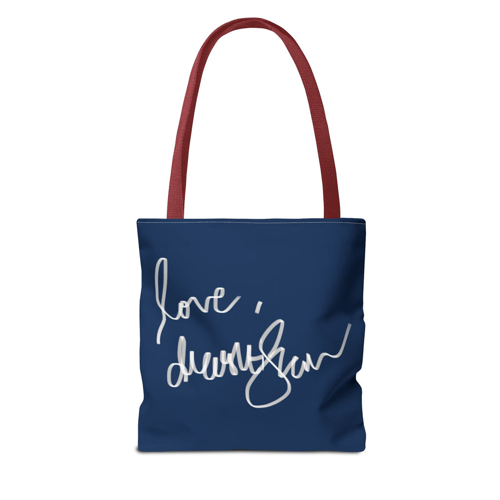 Mandala Floral Tote Bag — Navy 'Love, [Signature]' All-Over Print