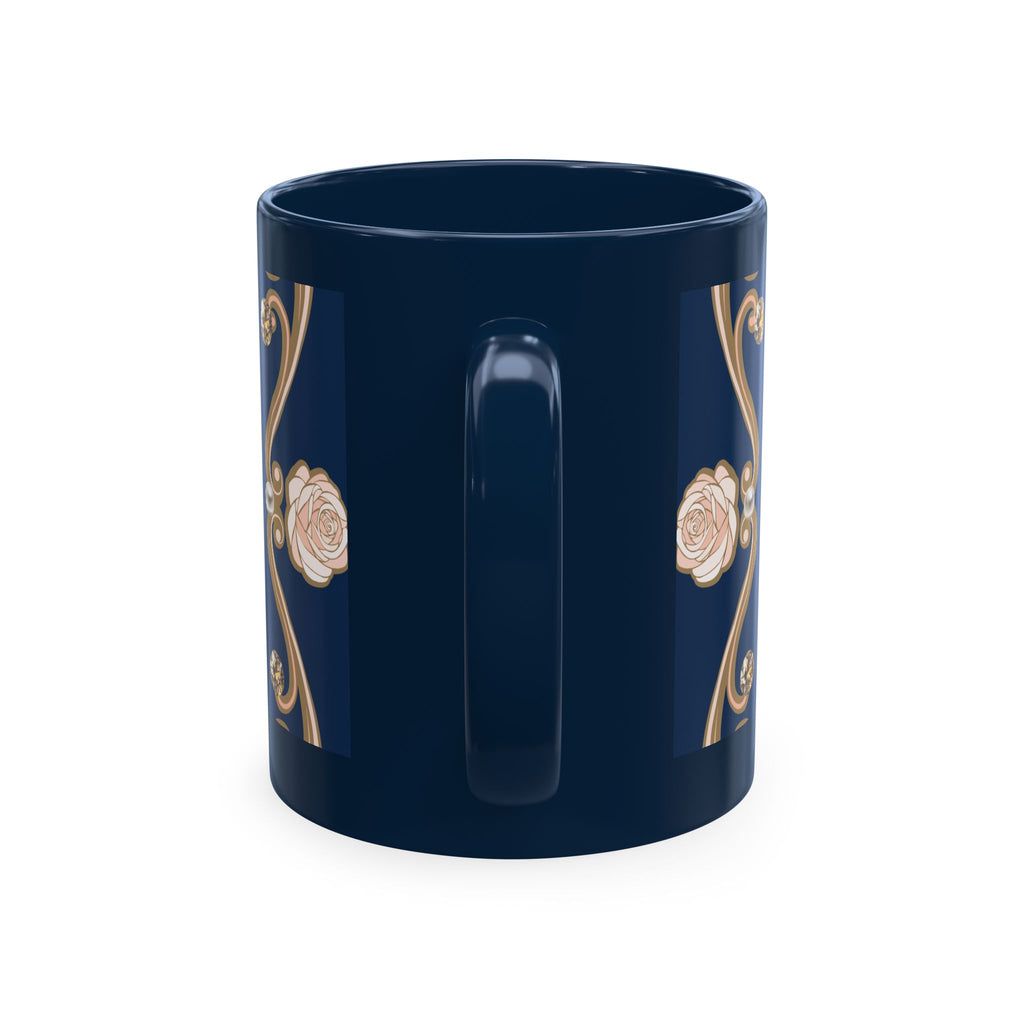 Pearl & Diamond Navy Ceramic Mug — Elegant Vintage Jewelry Design