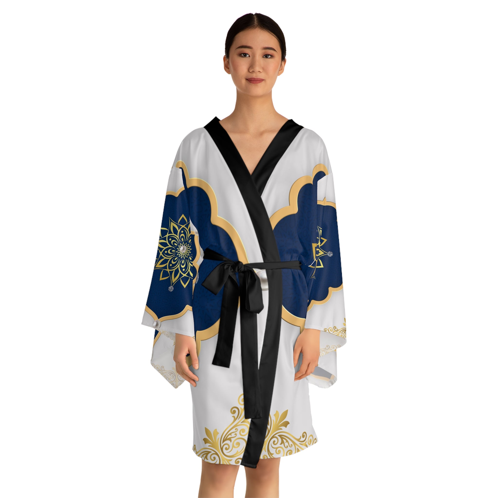 Navy & Gold Mandala Kimono Robe — Luxe Long-Sleeve Lounge Wrap