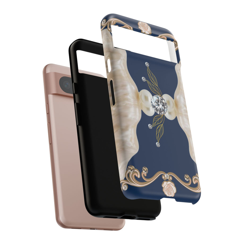 Navy Pearl & Diamond Phone Case — Elegant Floral Baroque Tough Case