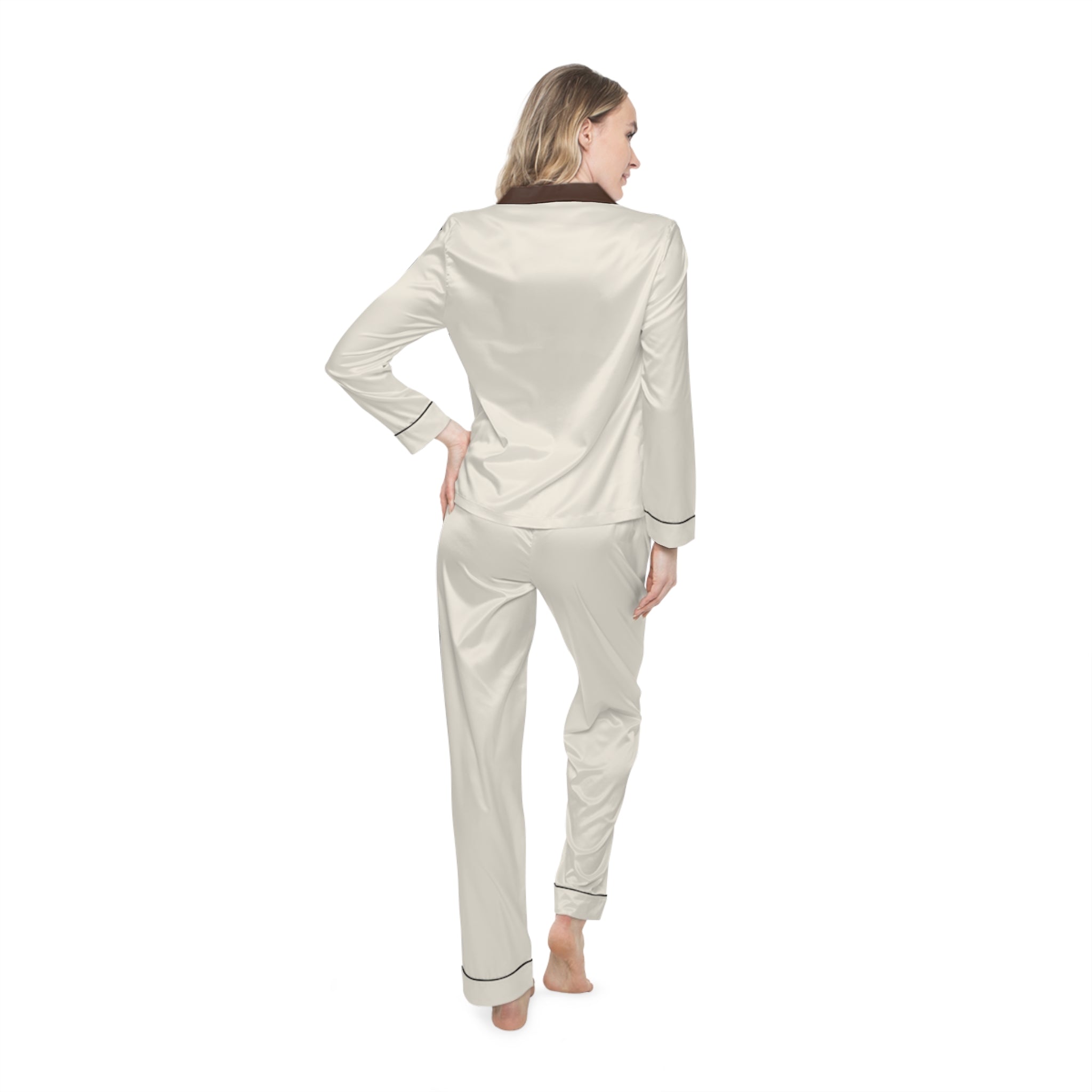 Ivory Satin Pajama Set with Chocolate Trim — Women's Luxury Sleepwear