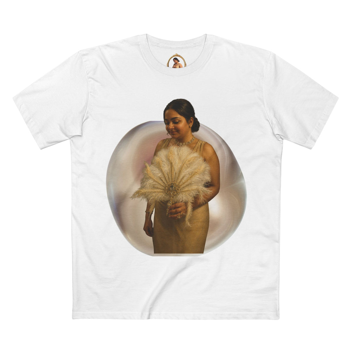 Drashti T‑Shirt — Vintage Portrait Bubble with 'We Will Be Home' Script