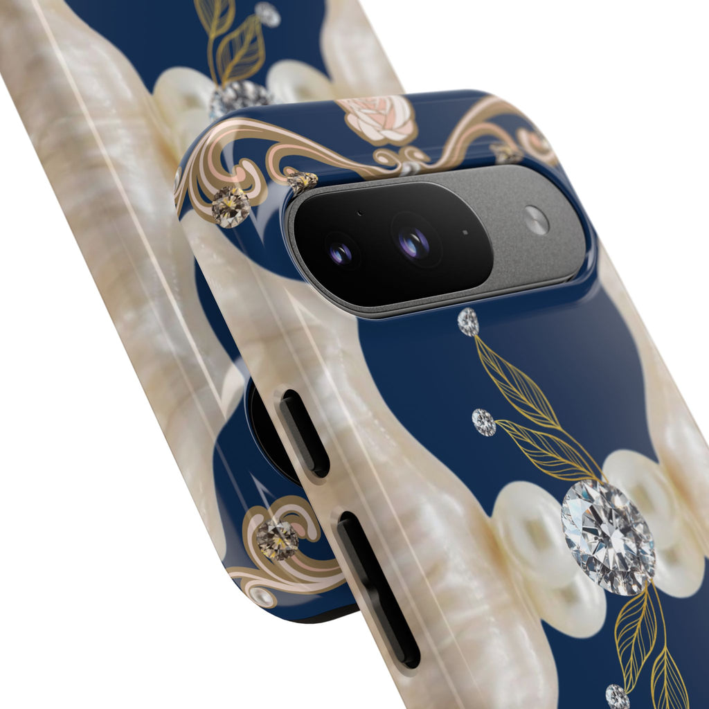Navy Pearl & Diamond Phone Case — Elegant Floral Baroque Tough Case