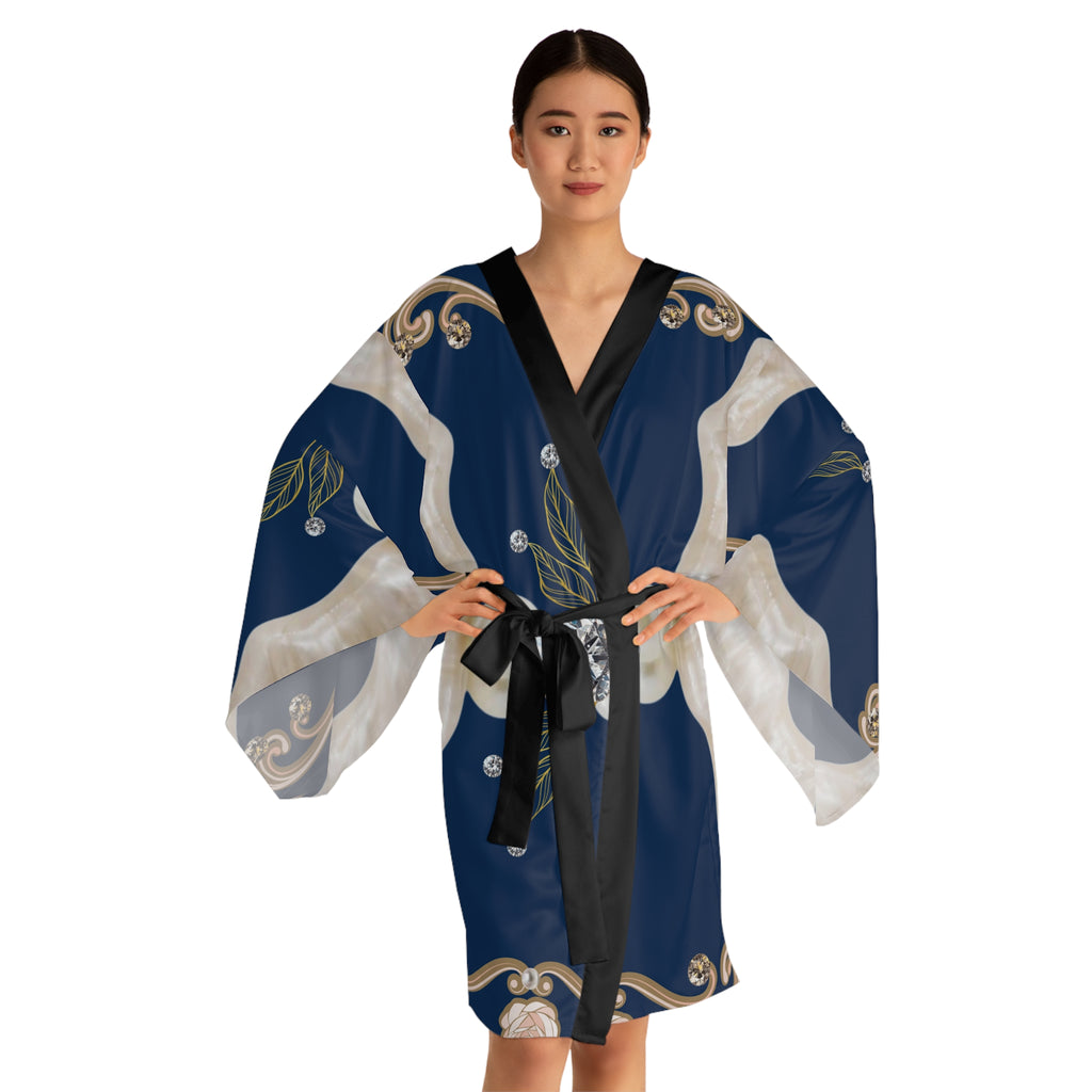 Silk-Style Navy Pearl & Diamond Kimono Robe — Luxe Floral Jewel Print