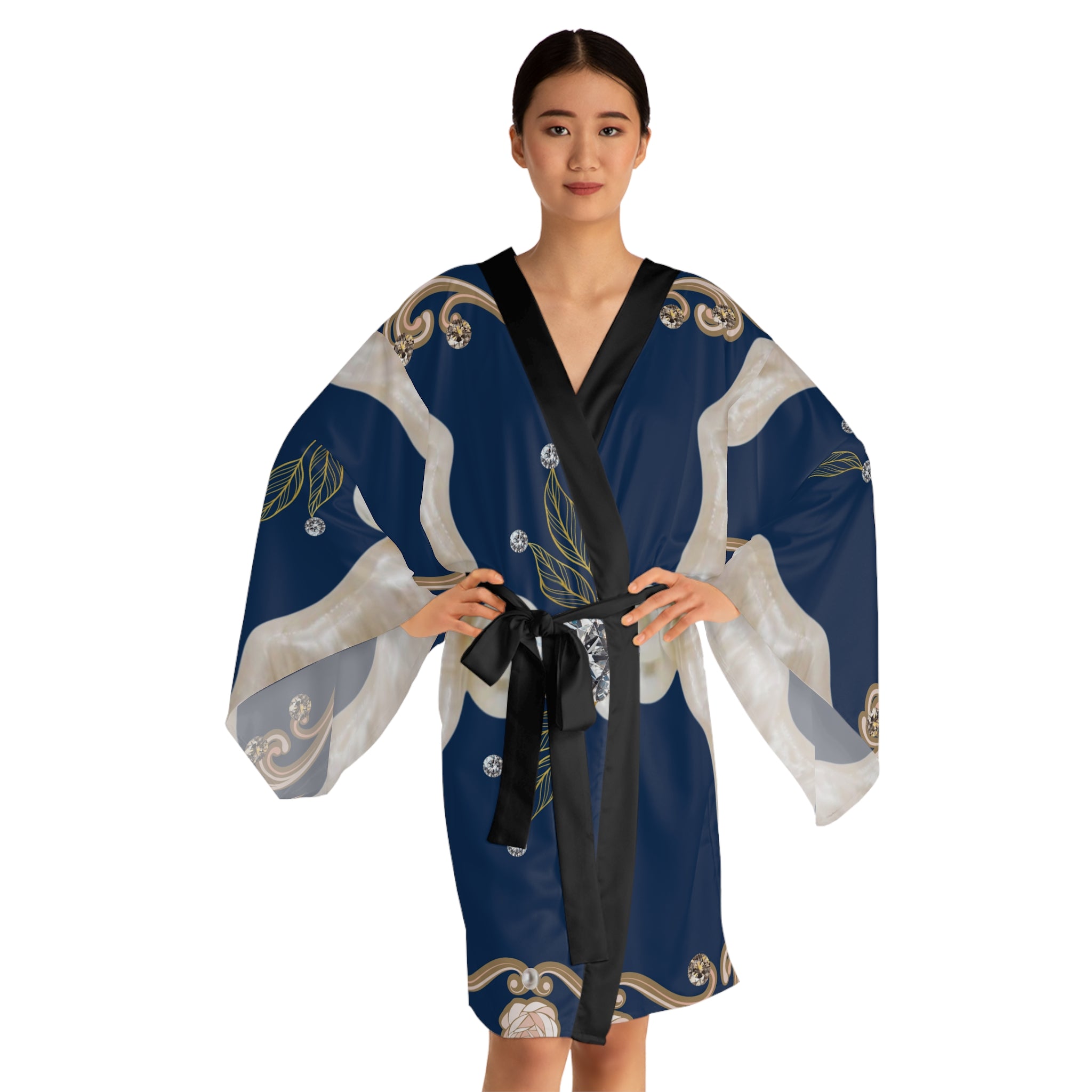 Silk-Style Navy Pearl & Diamond Kimono Robe — Luxe Floral Jewel Print