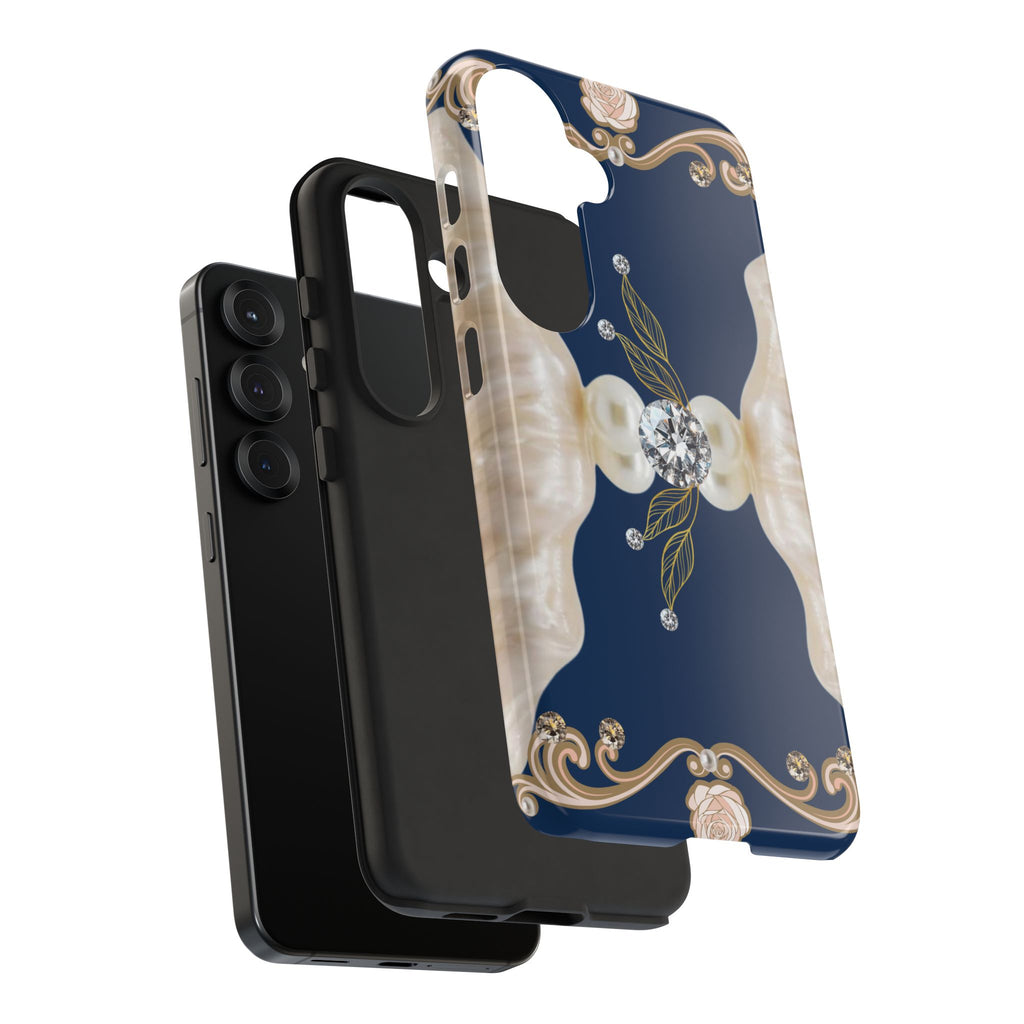 Navy Pearl & Diamond Phone Case — Elegant Floral Baroque Tough Case