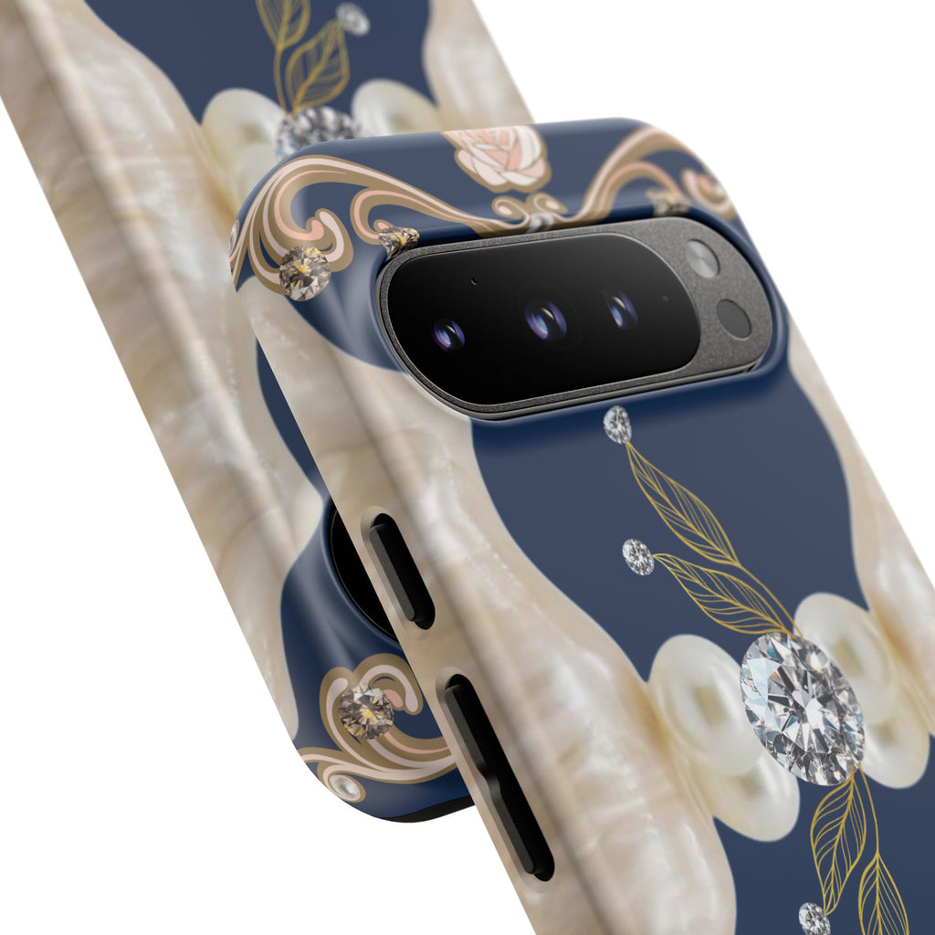 Navy Pearl & Diamond Phone Case — Elegant Floral Baroque Tough Case