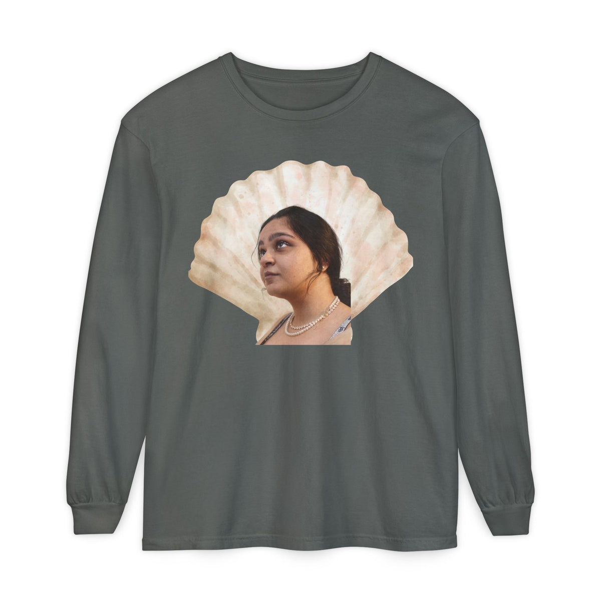 Drashti Shell Portrait Long Sleeve Tee — “We Will Be Home” Back Script