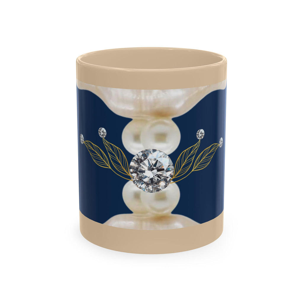 Pearl & Diamond Navy Ceramic Mug — Elegant Vintage Jewelry Design