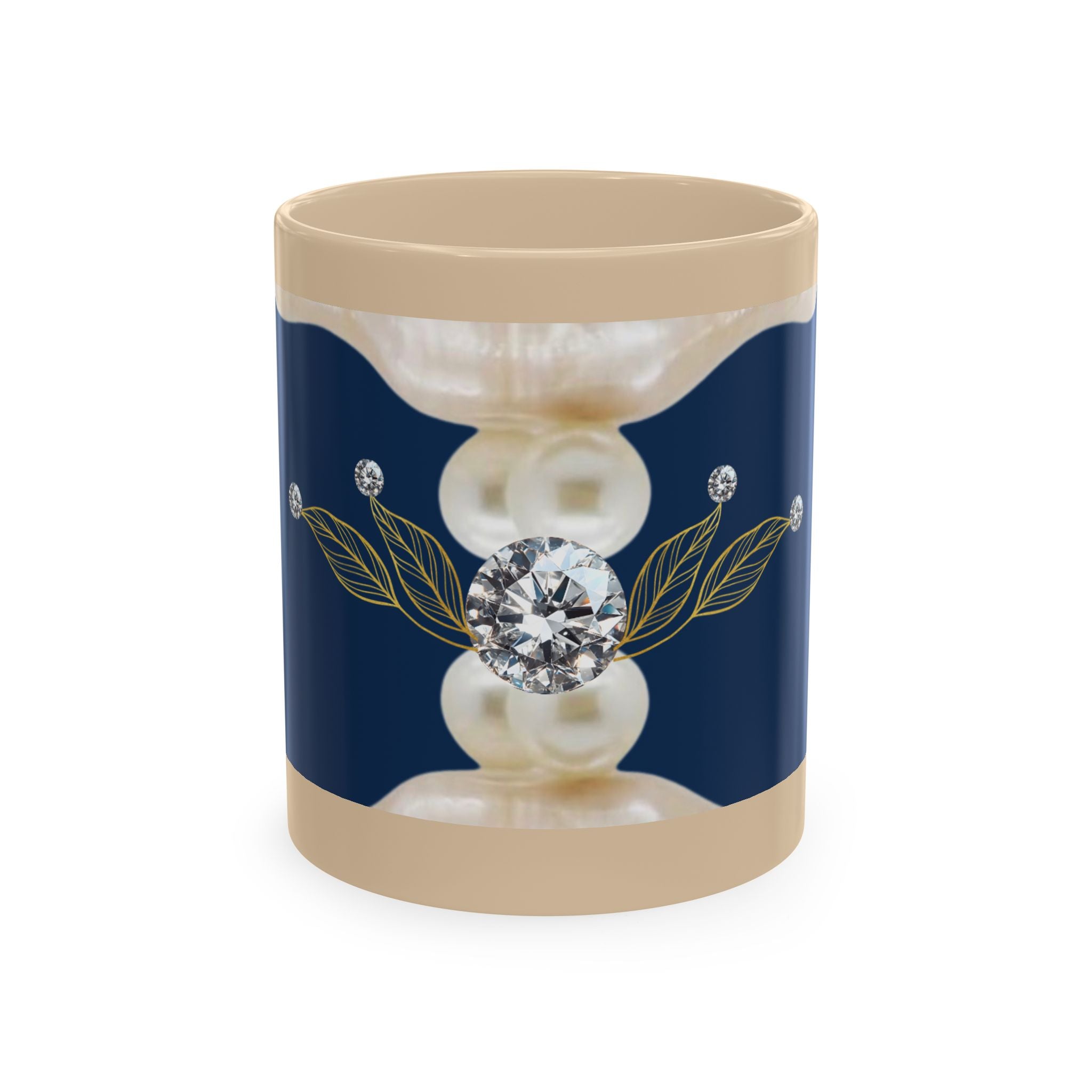 Pearl & Diamond Navy Ceramic Mug — Elegant Vintage Jewelry Design