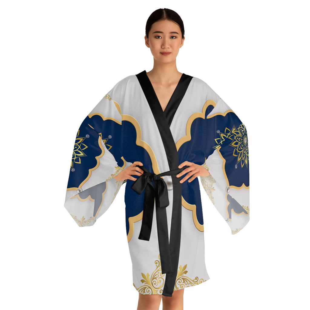 Navy & Gold Mandala Kimono Robe — Luxe Long-Sleeve Lounge Wrap