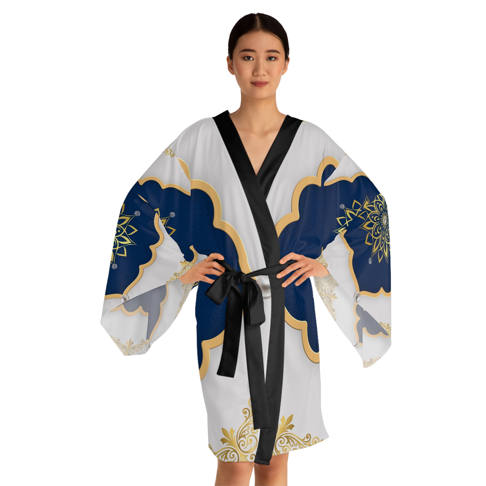 Navy & Gold Mandala Kimono Robe — Luxe Long-Sleeve Lounge Wrap