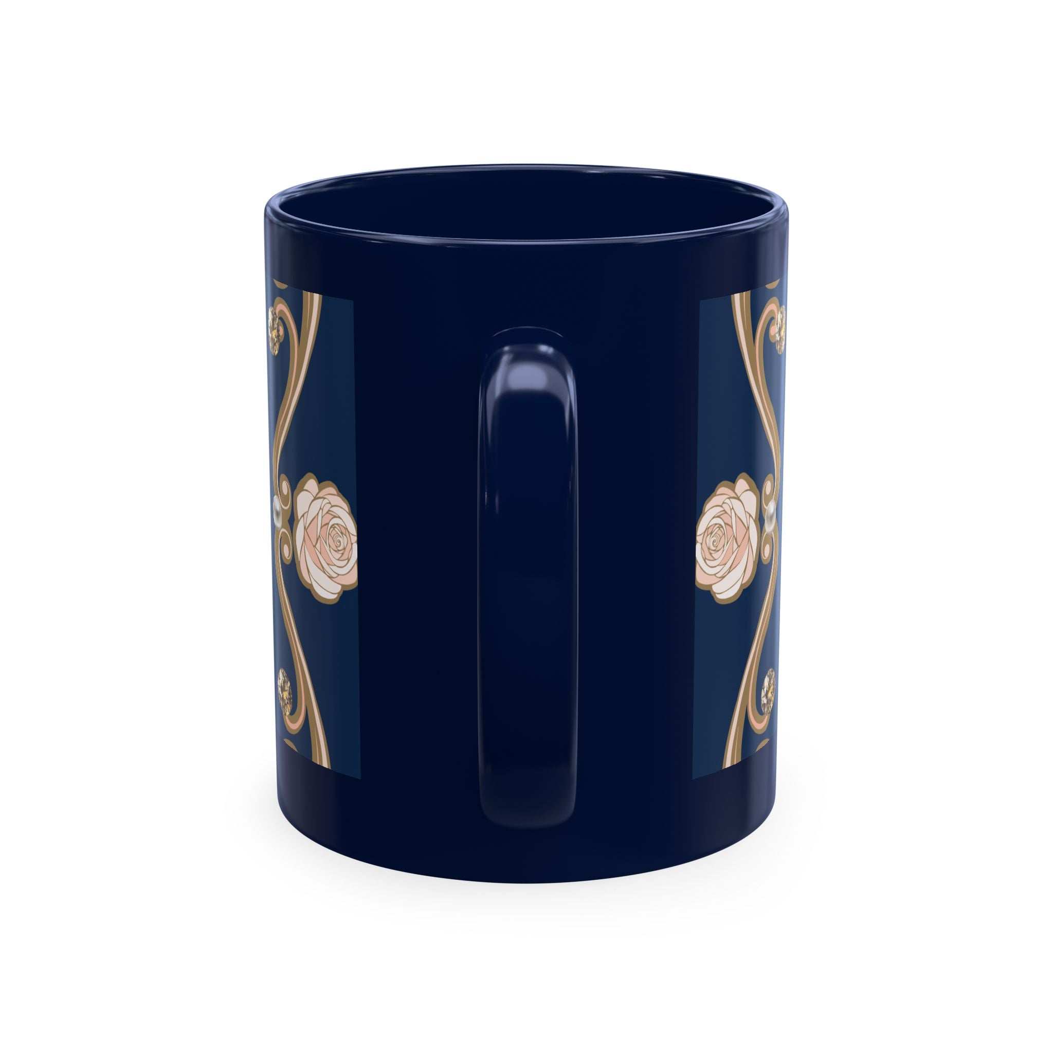 Pearl & Diamond Navy Ceramic Mug — Elegant Vintage Jewelry Design