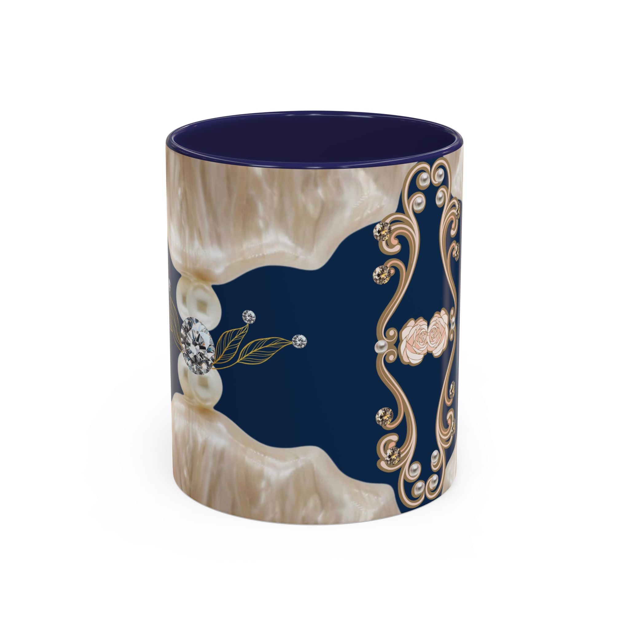 Elegant Navy Pearl Accent Coffee Mug - Vintage Baroque Floral Design (11/15oz)
