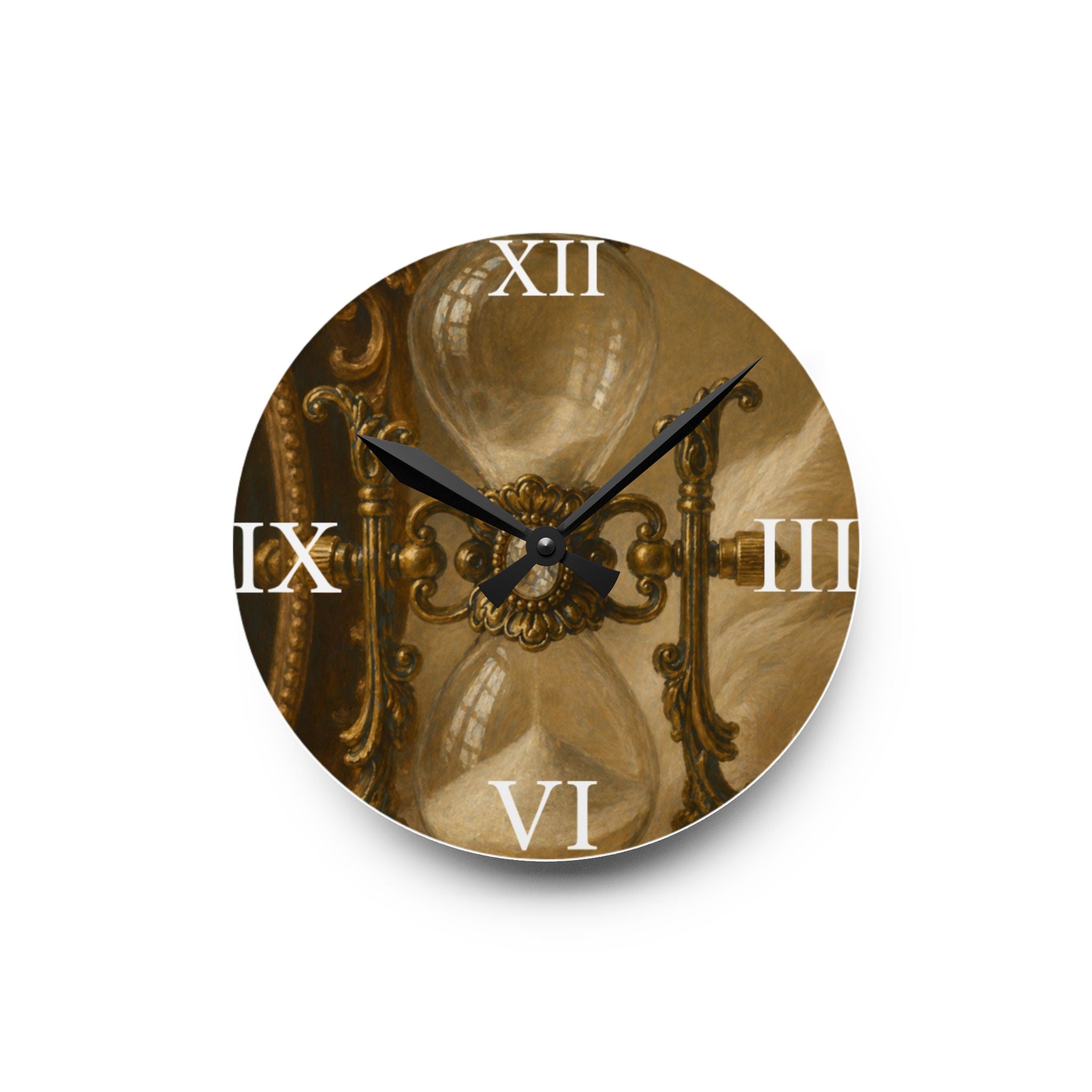 Antique Hourglass Acrylic Wall Clock — Vintage Roman Numerals Timepiece