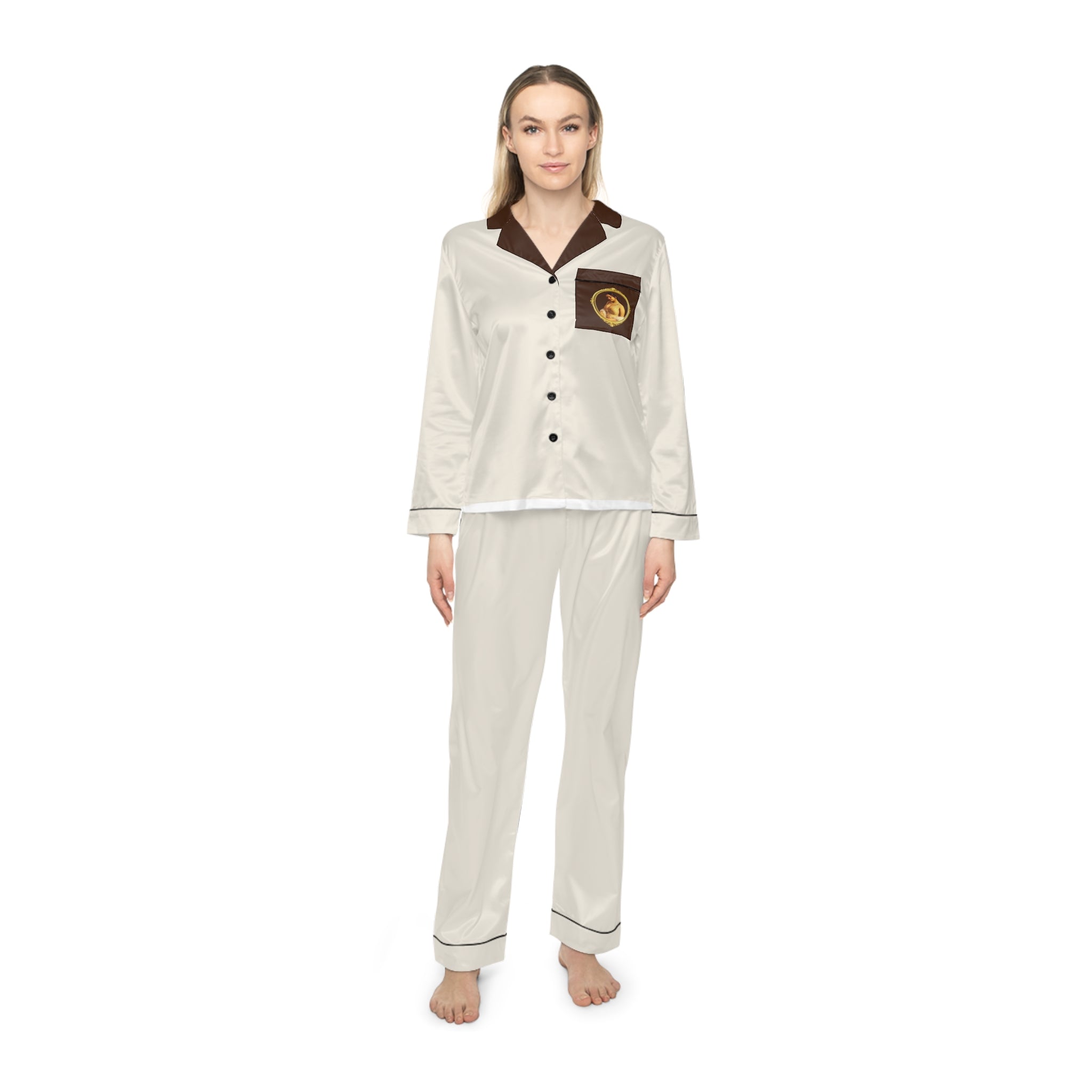 Ivory Satin Pajama Set with Chocolate Trim — Women's Luxury Sleepwear