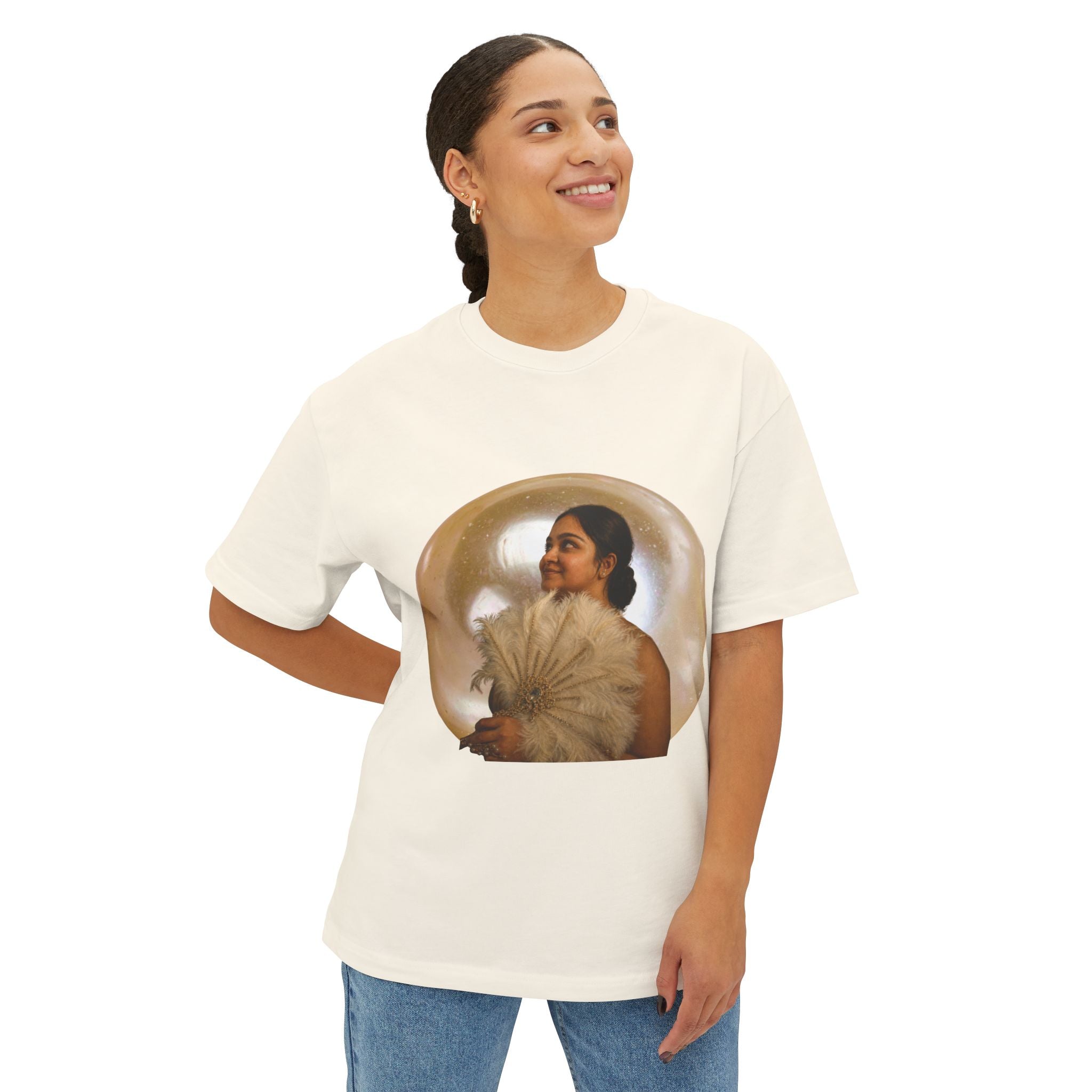 Vintage Portrait Tee — Woman with Fan Graphic Boxy T-Shirt
