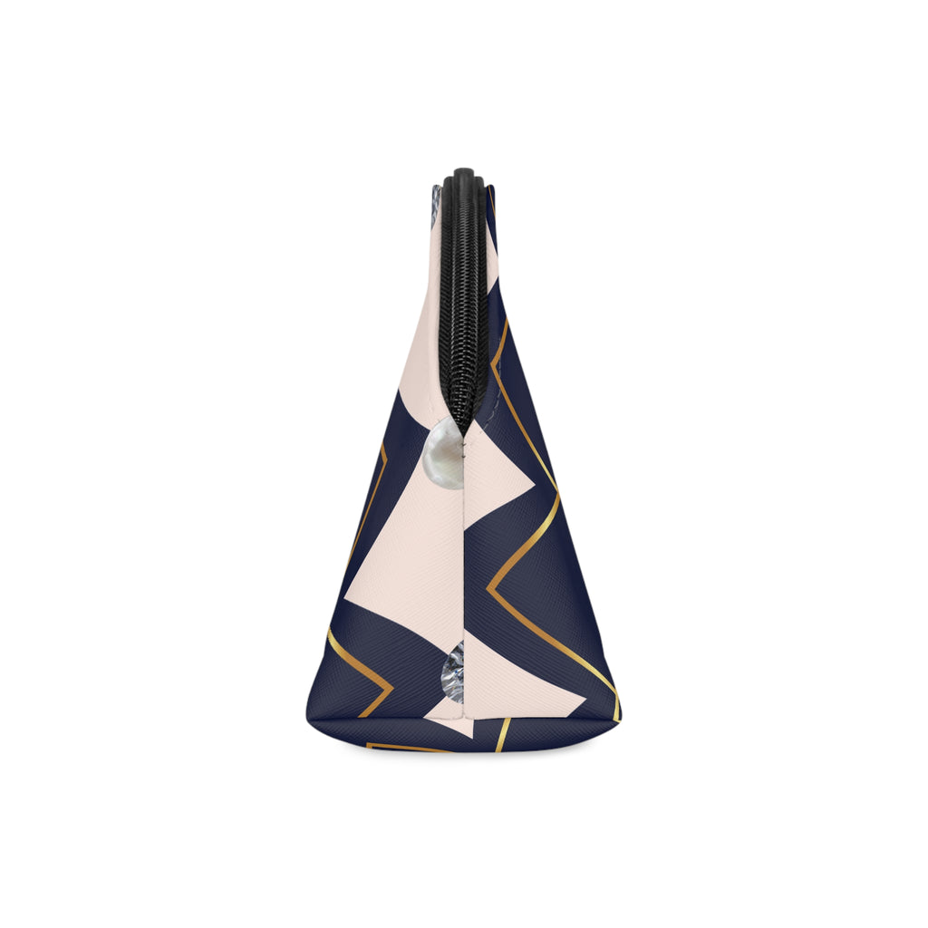Navy & Gold Lotus Makeup Bag — Elegant Floral Cosmetic Pouch with Pearl Detail