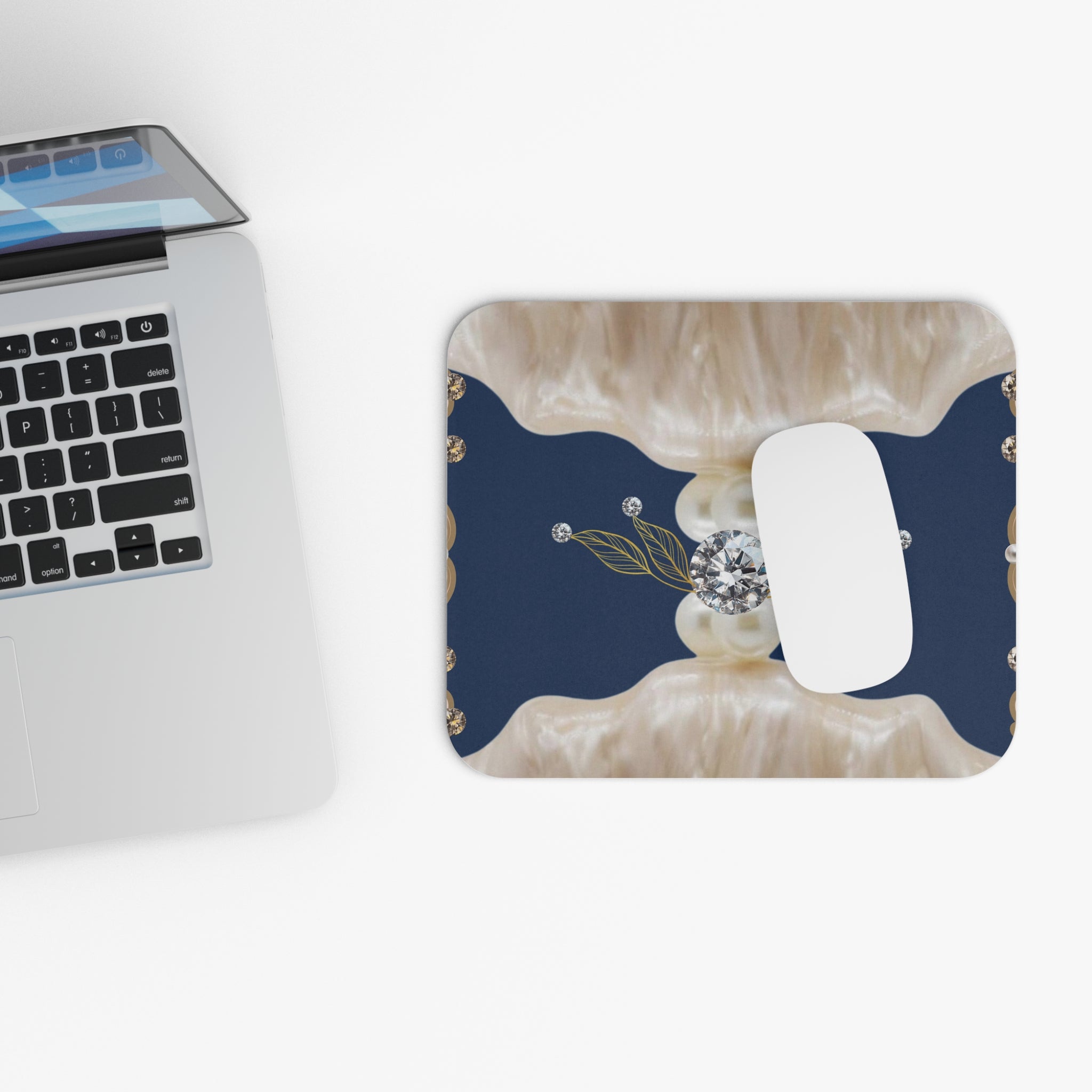 Pearl & Diamond Nautical Mouse Pad — Elegant Navy Desk Mat