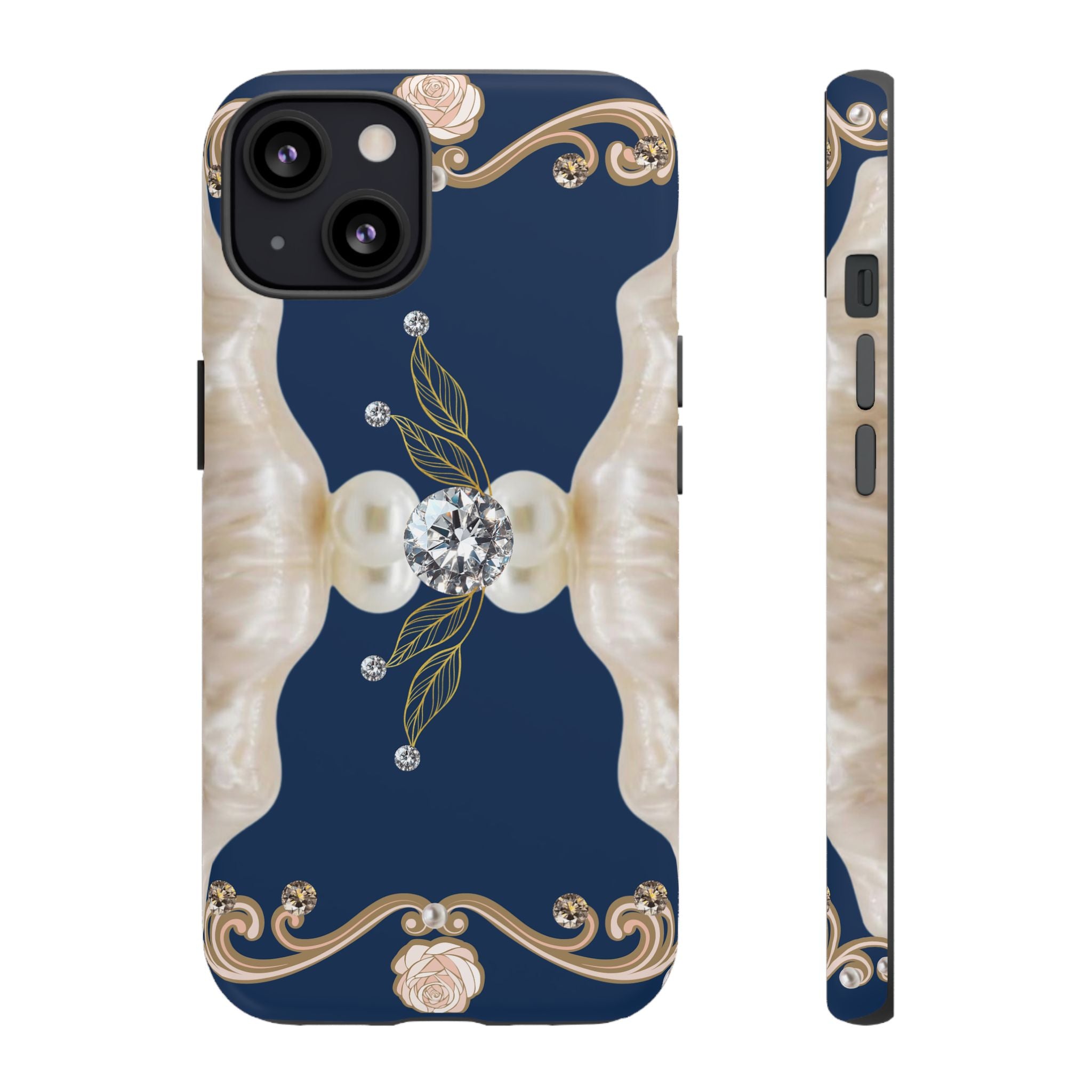 Navy Pearl & Diamond Phone Case — Elegant Floral Baroque Tough Case