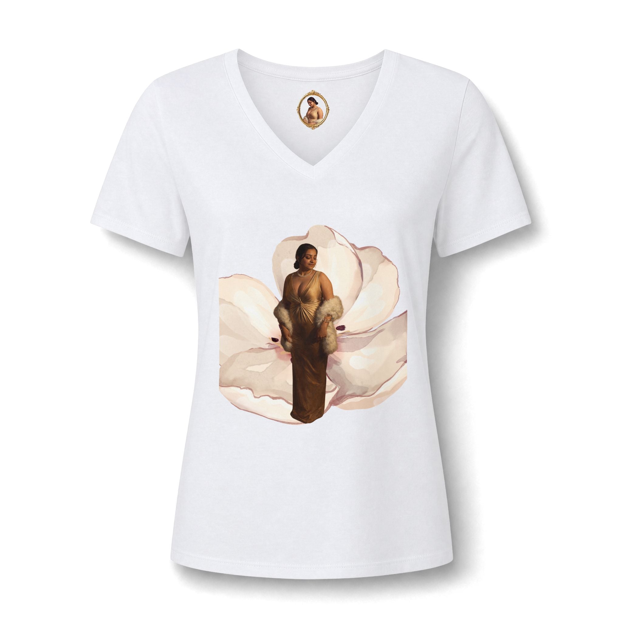 Floral Portrait V‑Neck Tee — Vintage Woman in Magnolia Print
