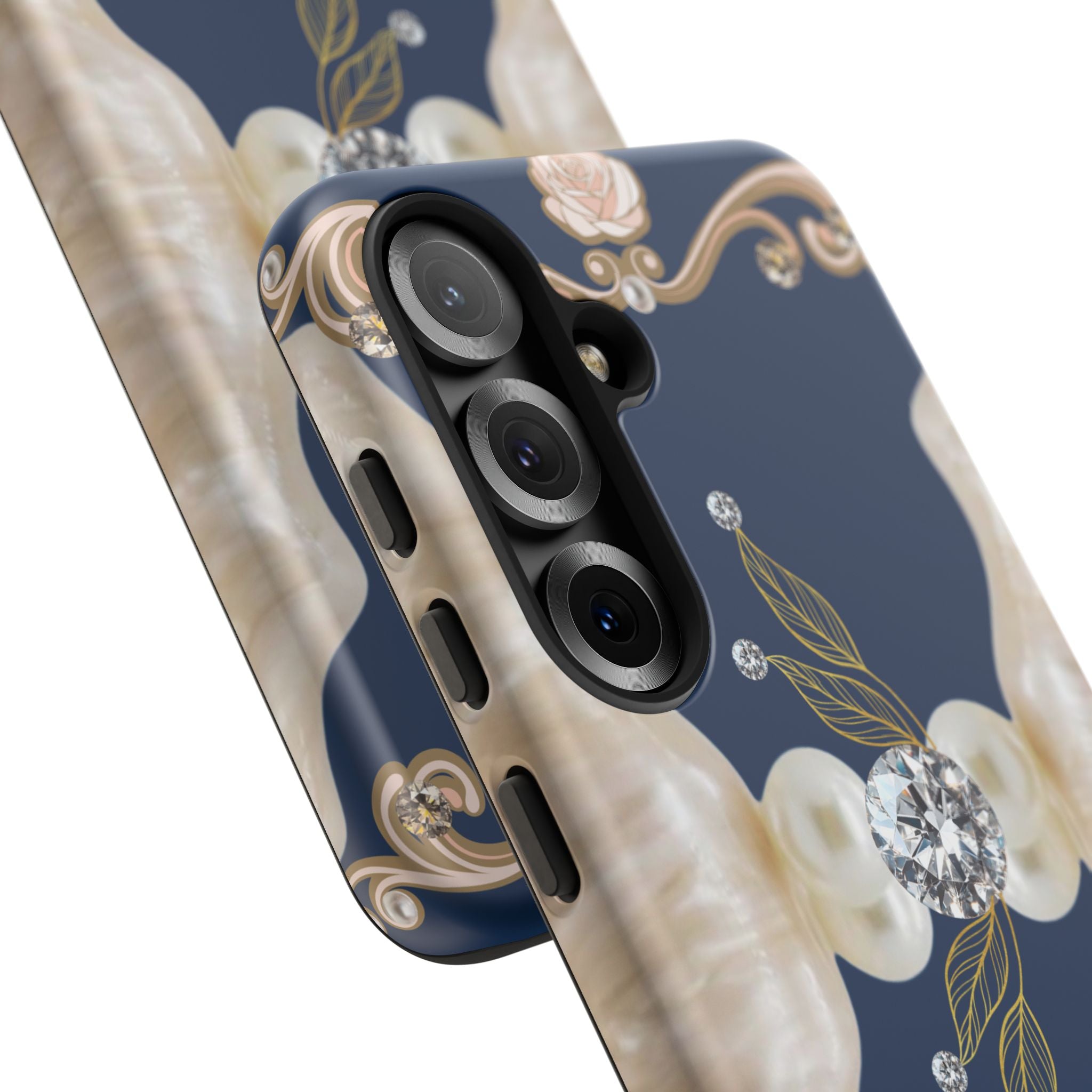 Navy Pearl & Diamond Phone Case — Elegant Floral Baroque Tough Case