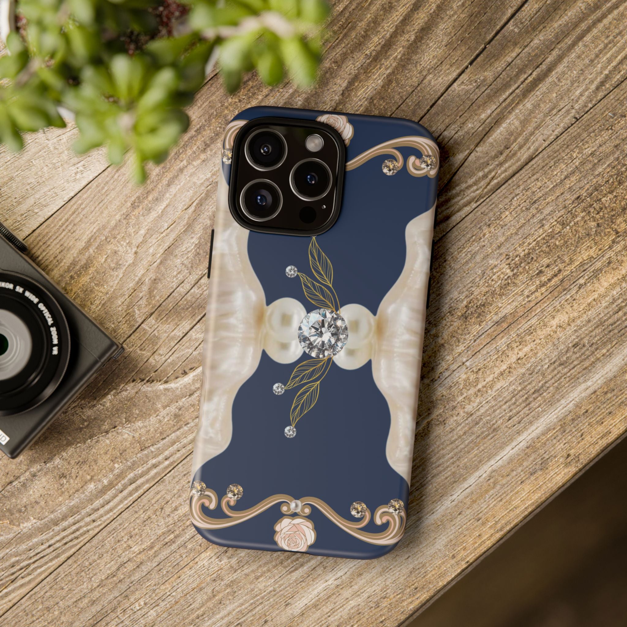 Navy Pearl & Diamond Phone Case — Elegant Floral Baroque Tough Case