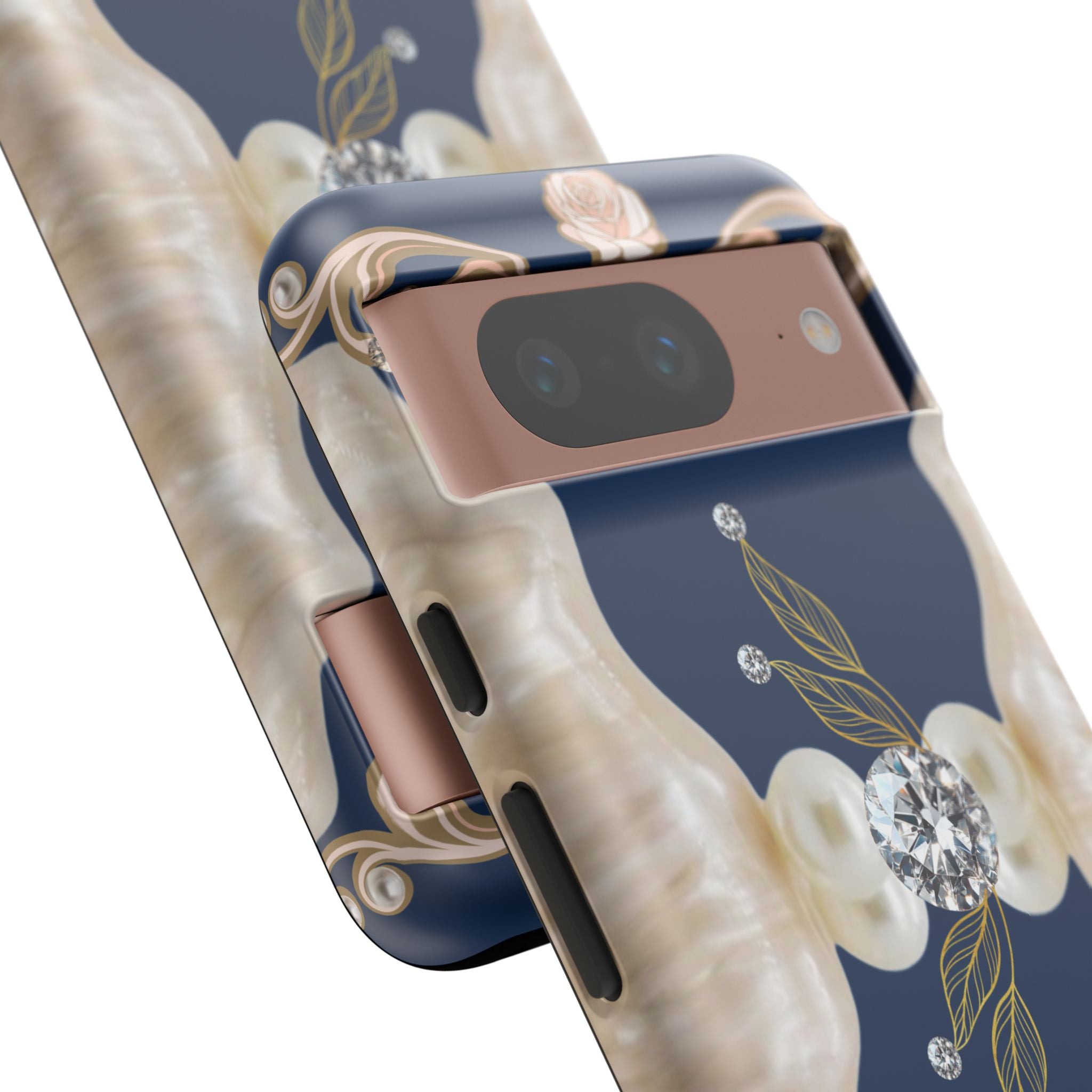 Navy Pearl & Diamond Phone Case — Elegant Floral Baroque Tough Case