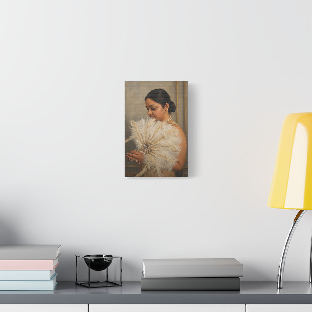 Classic Canvas Portrait Art Print — Elegant Woman with Feather Fan Canvas