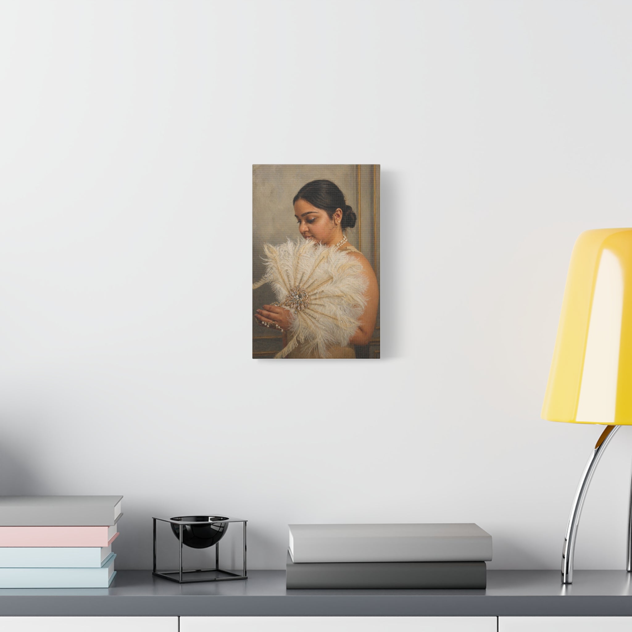 Classic Canvas Portrait Art Print — Elegant Woman with Feather Fan Canvas