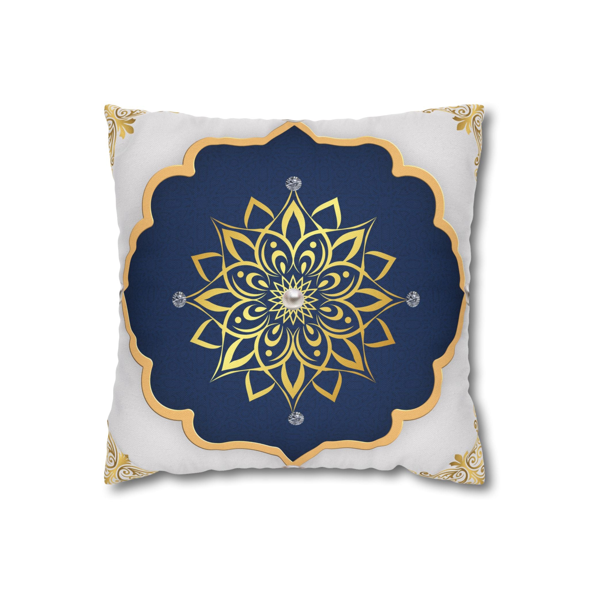 Gold & Navy Mandala Pillowcase — Decorative Square Throw Pillow Cover