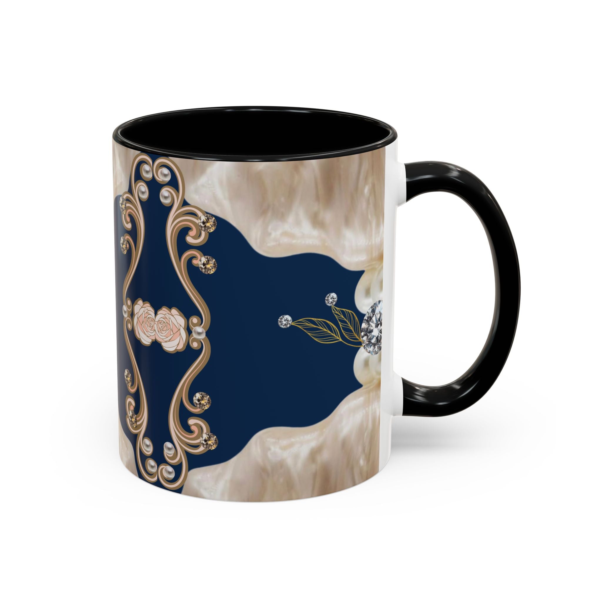 Elegant Navy Pearl Accent Coffee Mug - Vintage Baroque Floral Design (11/15oz)