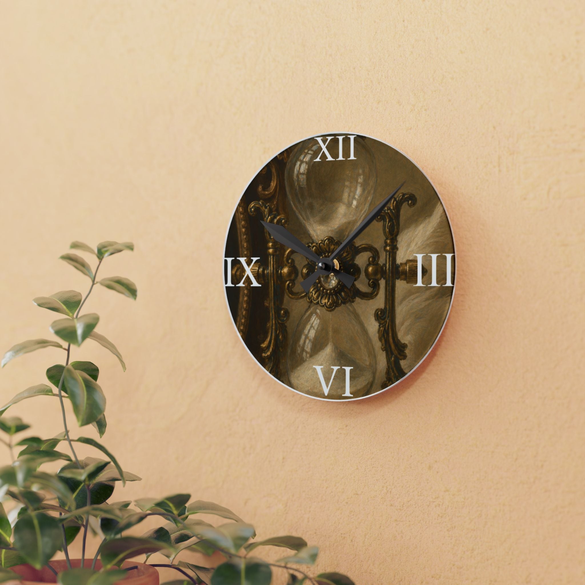 Antique Hourglass Acrylic Wall Clock — Vintage Roman Numerals Timepiece