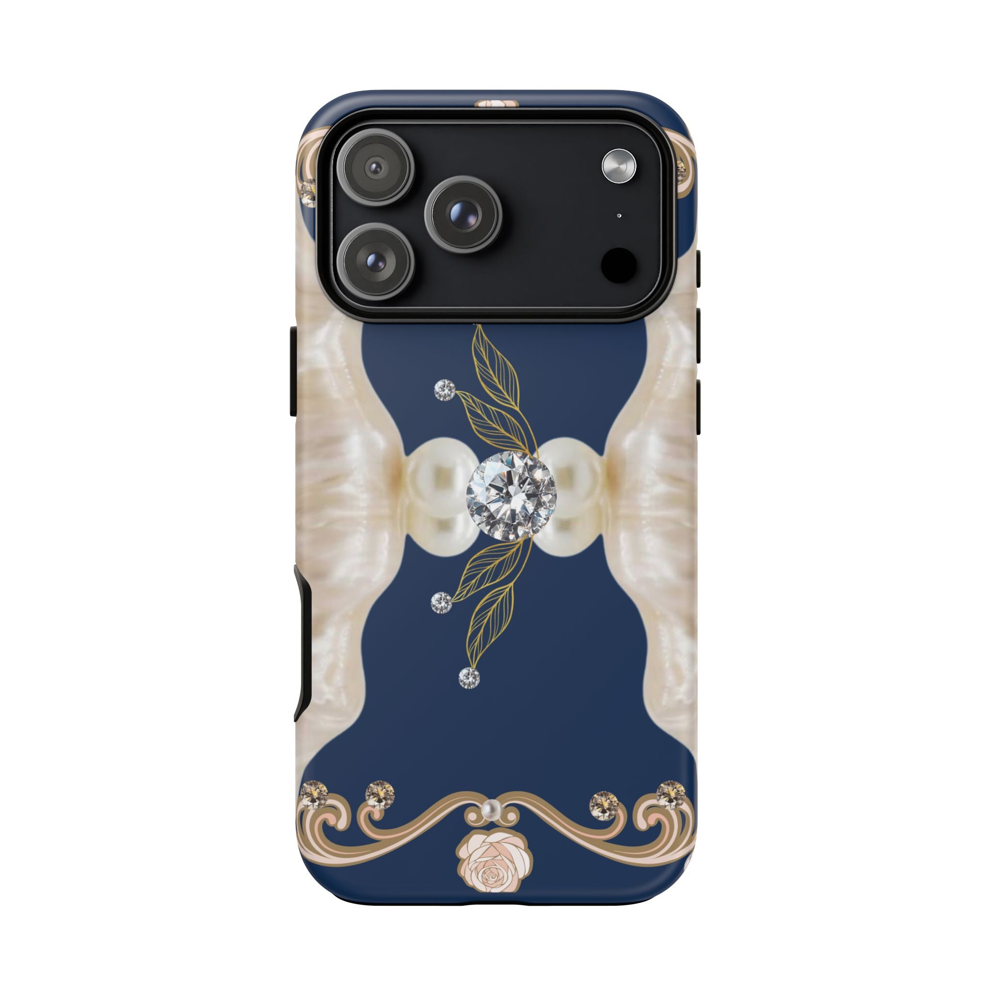 Navy Pearl & Diamond Phone Case — Elegant Floral Baroque Tough Case