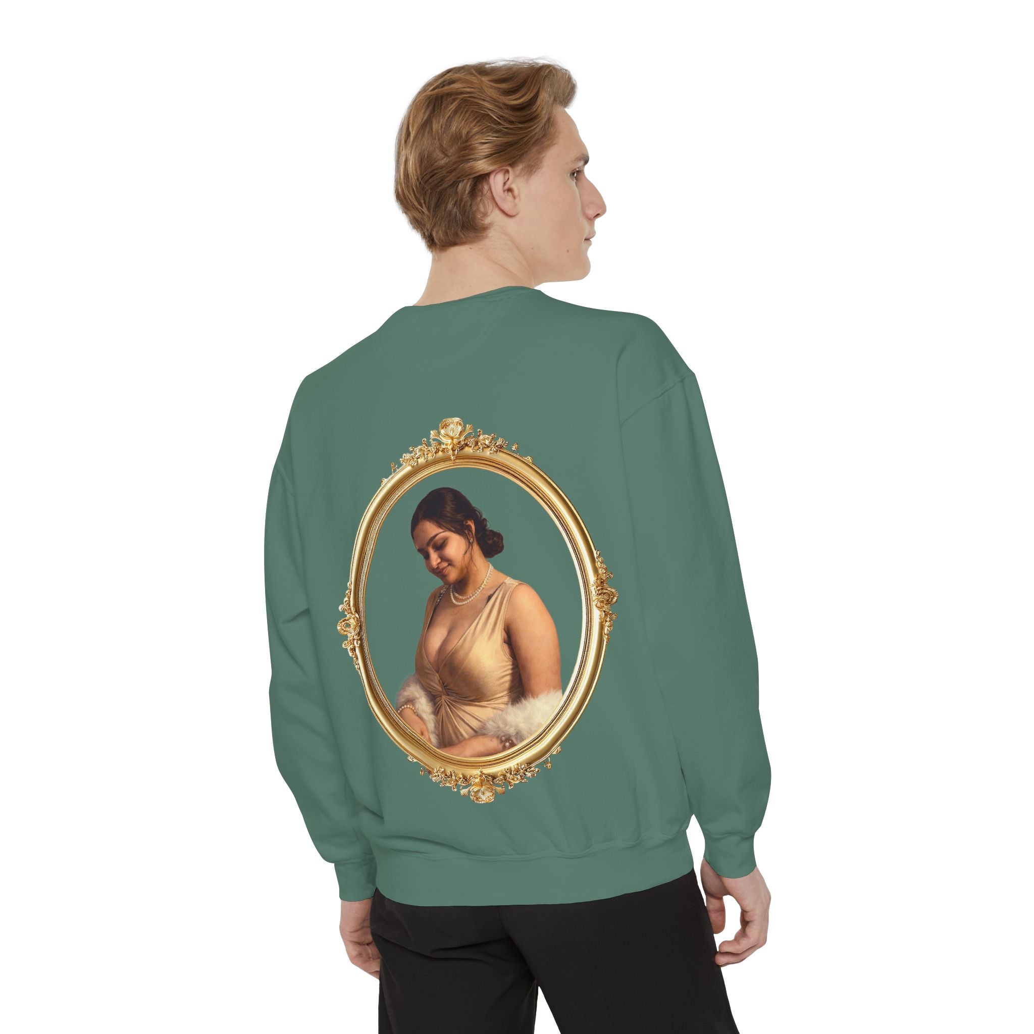 Floral Portrait Sweatshirt — Vintage Gold Frame Art Crewneck