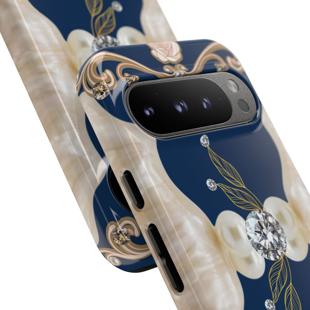 Navy Pearl & Diamond Phone Case — Elegant Floral Baroque Tough Case