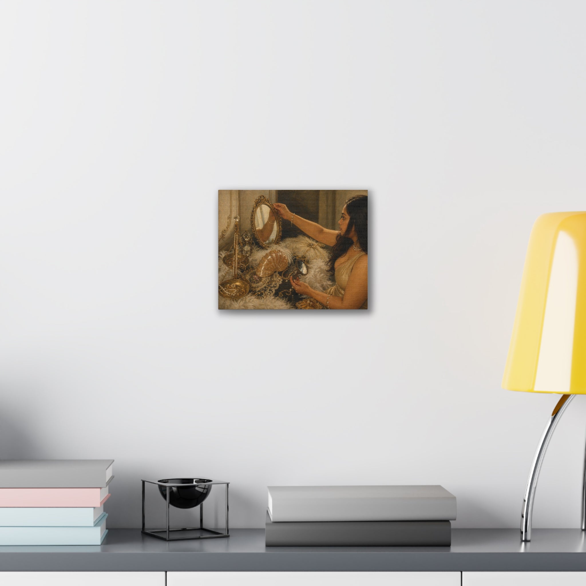 Vintage Vanity Art Print Canvas — Woman at Mirror Stretched Canvas Wall Art
