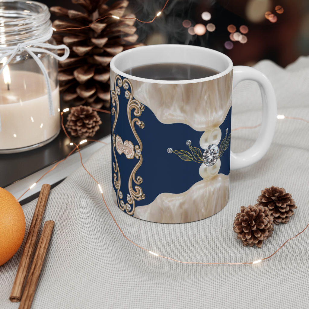 Elegant Pearl & Diamond Pattern Mug — Navy Vintage Floral 11 oz