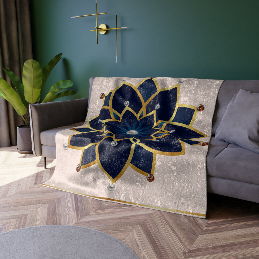Crushed Velvet Blanket — Luxe Navy Mandala Throw with Gold Accents