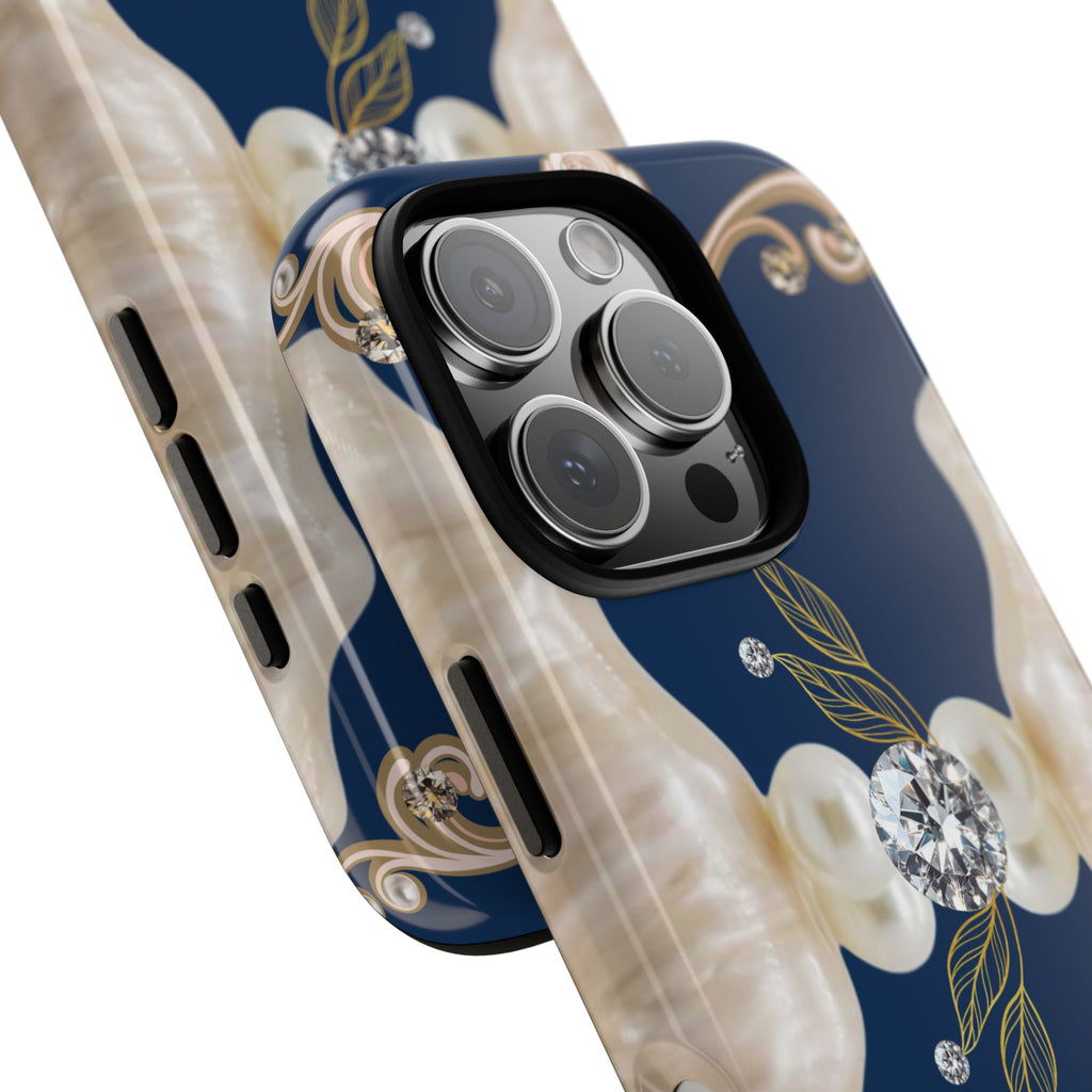 Navy Pearl & Diamond Phone Case — Elegant Floral Baroque Tough Case