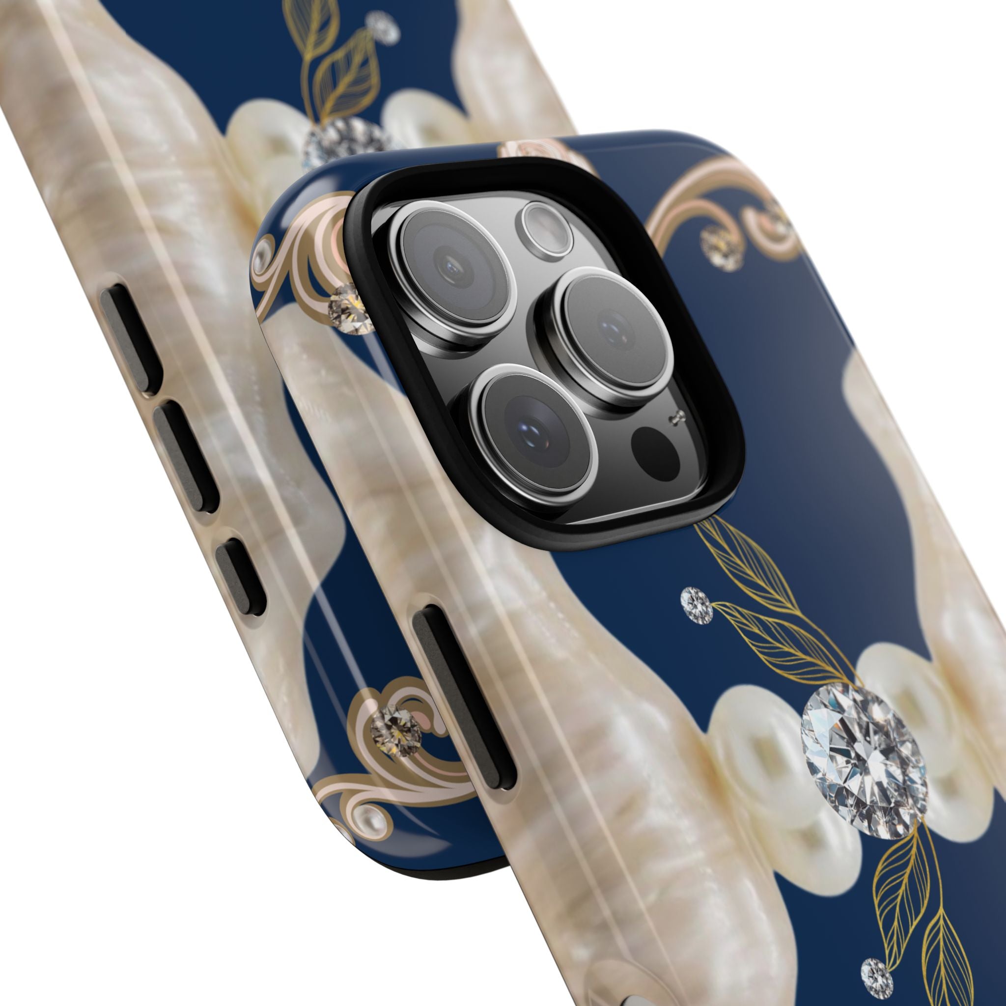 Navy Pearl & Diamond Phone Case — Elegant Floral Baroque Tough Case