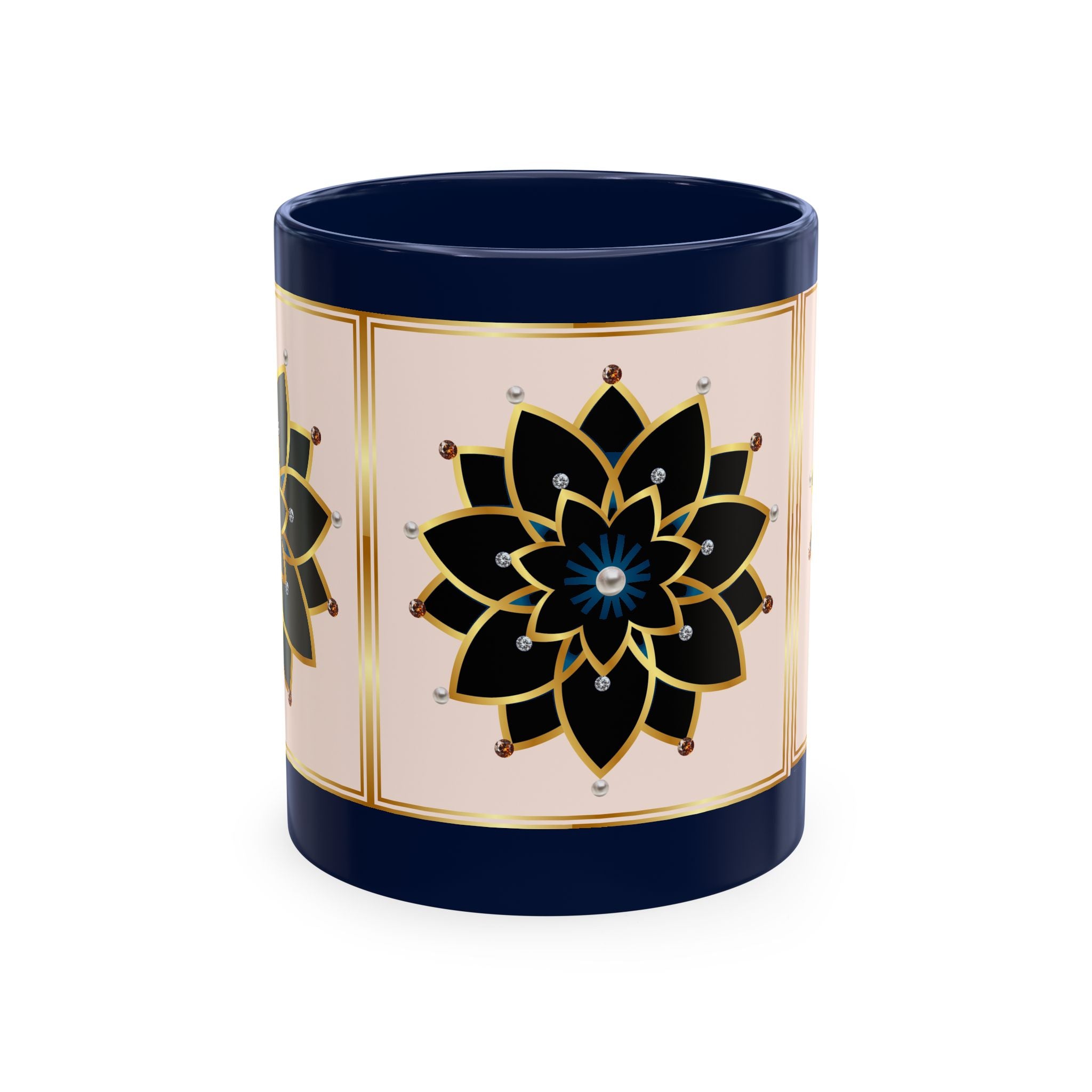 Ceramic Mug — Elegant Black & Gold Floral Mandala Design