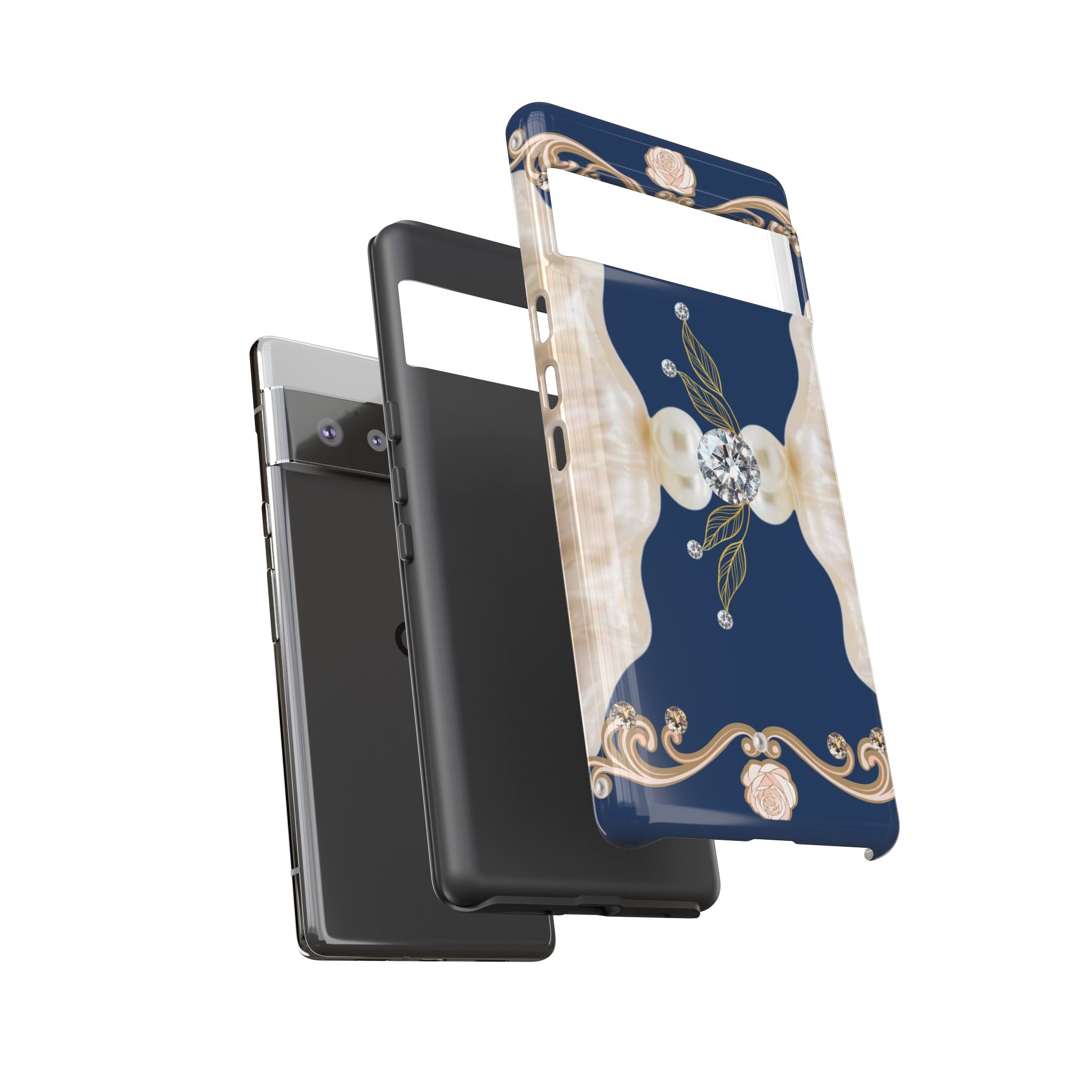 Navy Pearl & Diamond Phone Case — Elegant Floral Baroque Tough Case