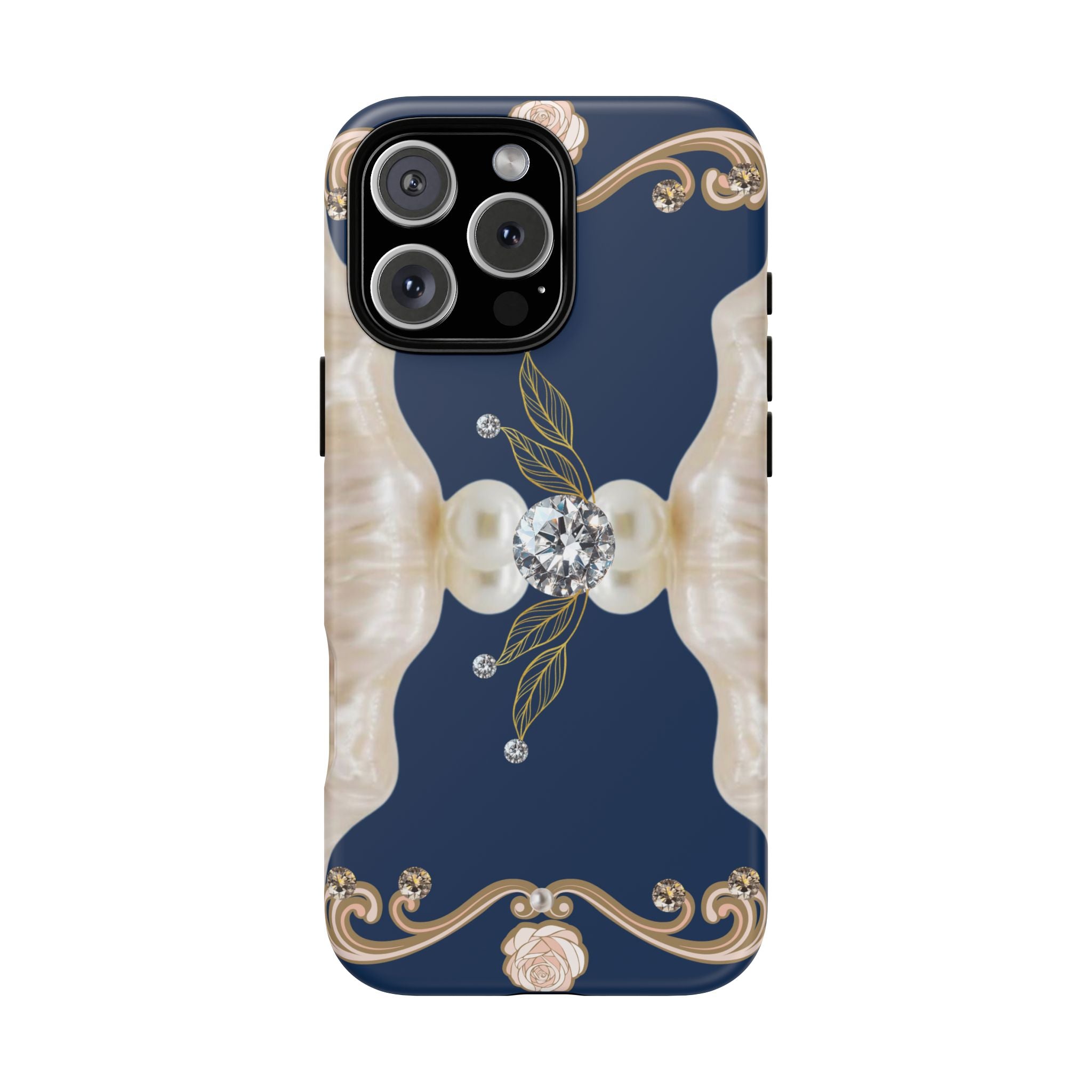 Navy Pearl & Diamond Phone Case — Elegant Floral Baroque Tough Case